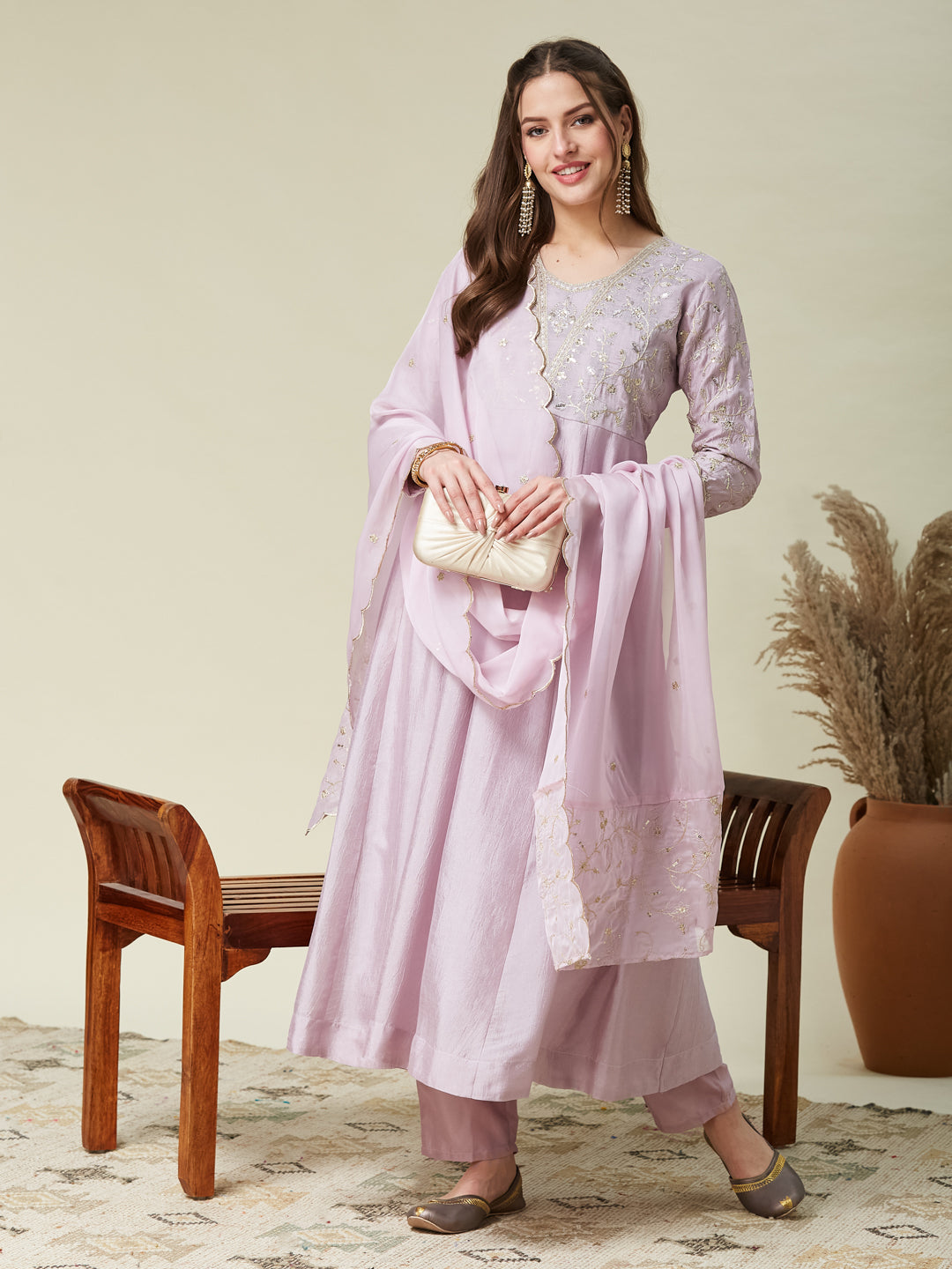 Purple Embroidered Silk Anarkali Kurta With Dupatta Set