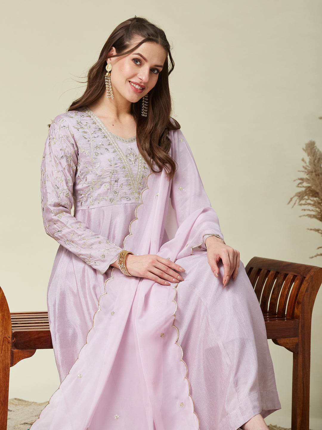 Purple Embroidered Silk Anarkali Kurta With Dupatta Set