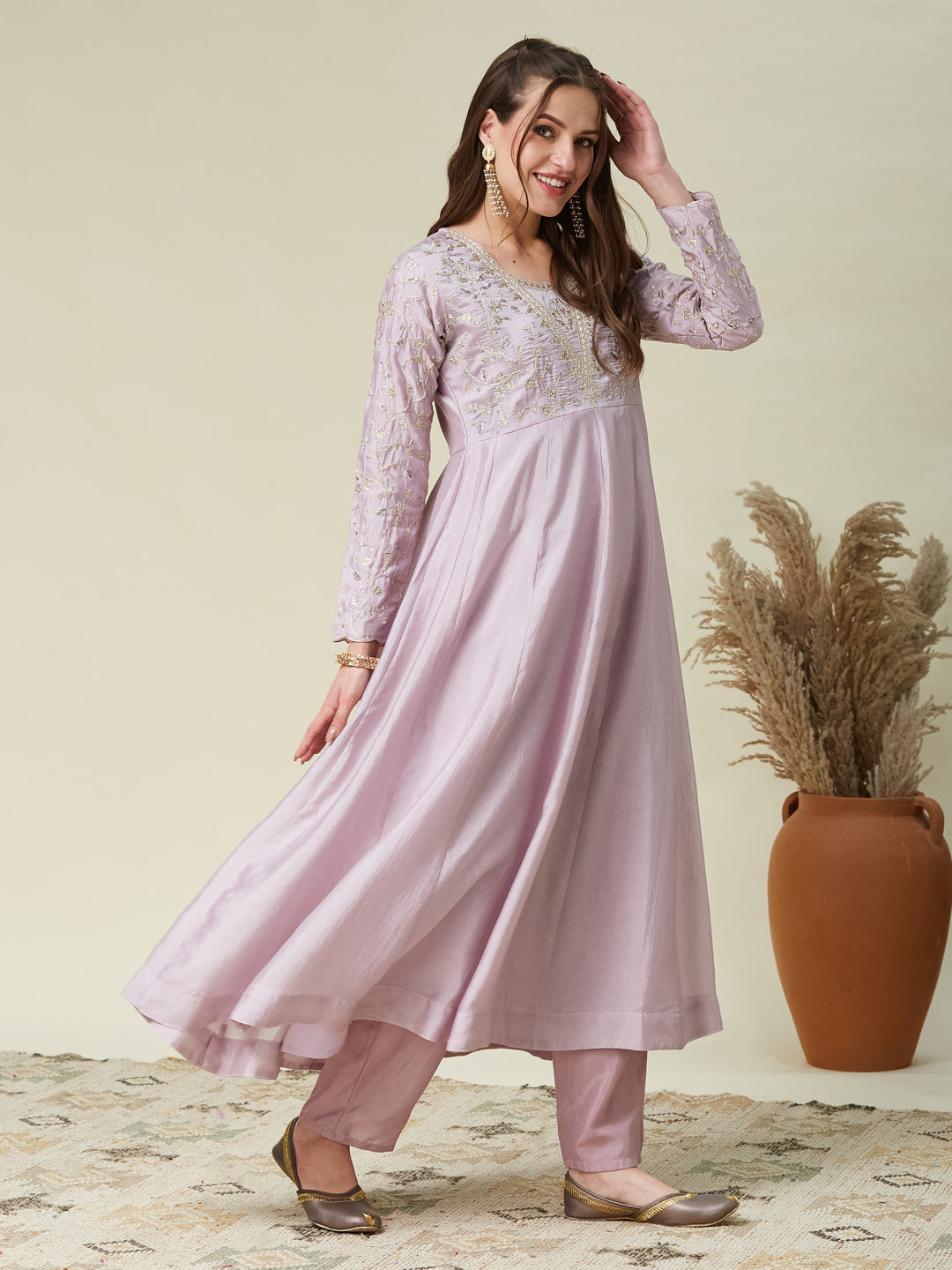 Purple Embroidered Silk Anarkali Kurta With Dupatta Set