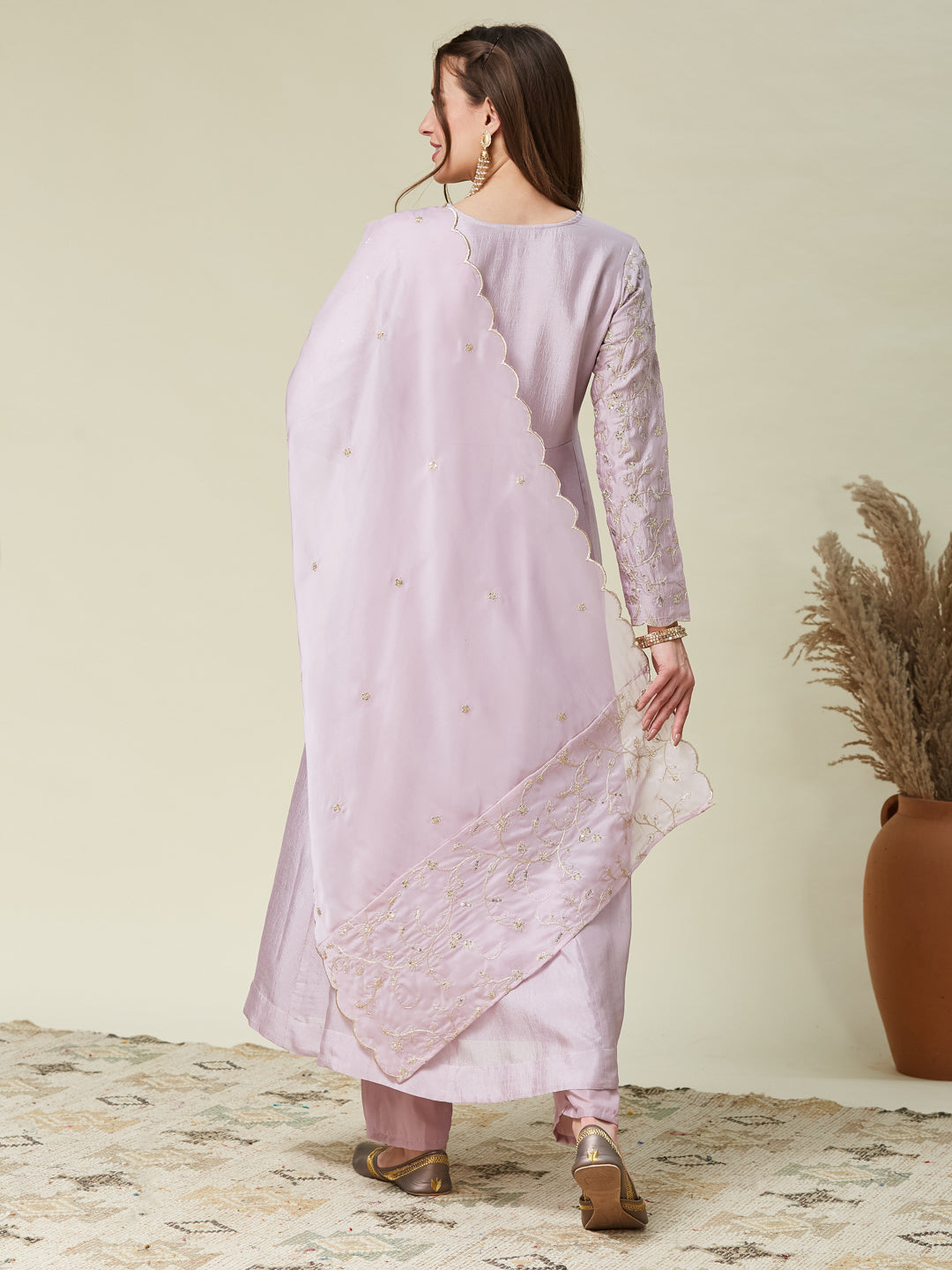 Purple Embroidered Silk Anarkali Kurta With Dupatta Set