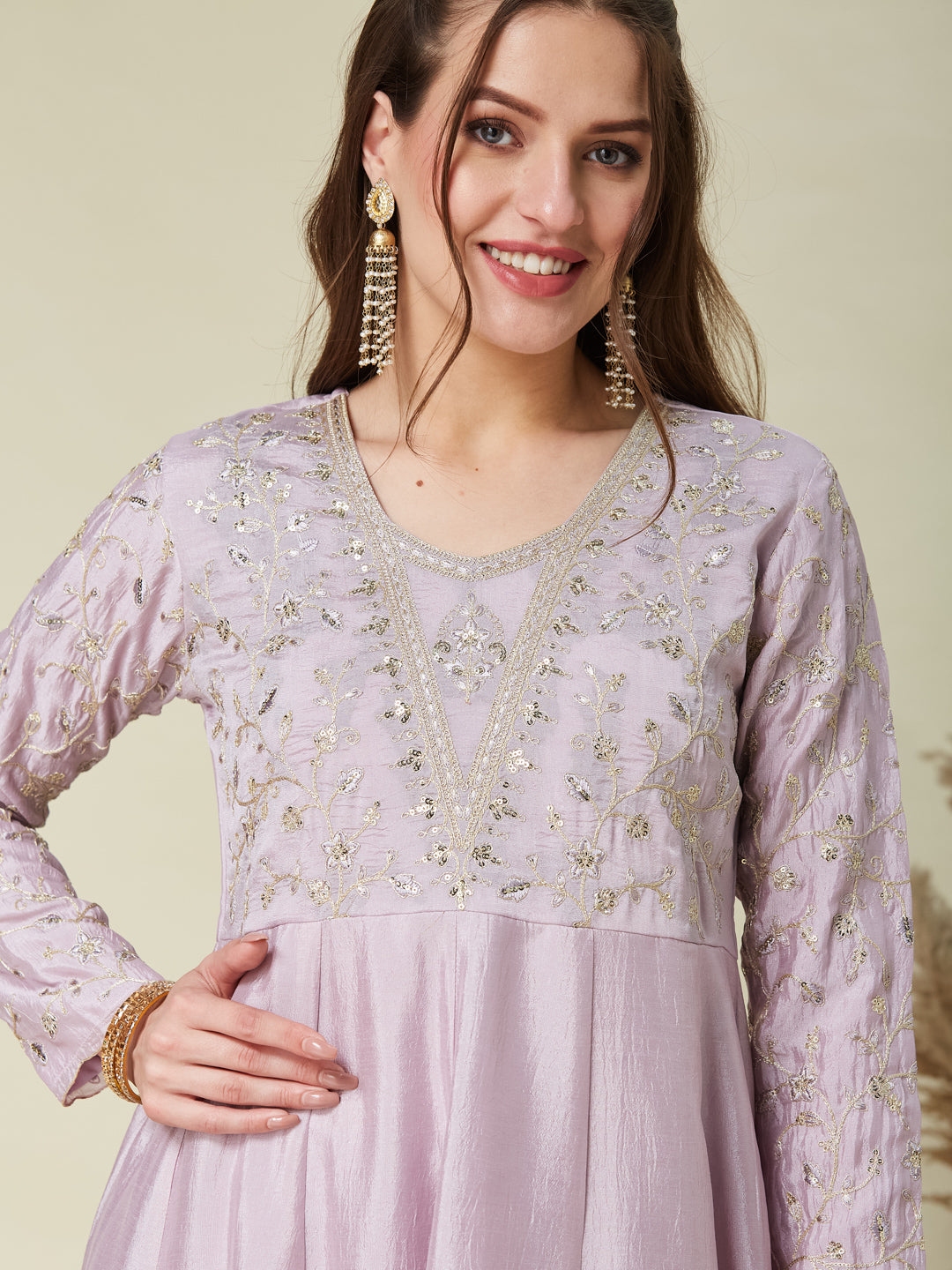 Purple Embroidered Silk Anarkali Kurta With Dupatta Set