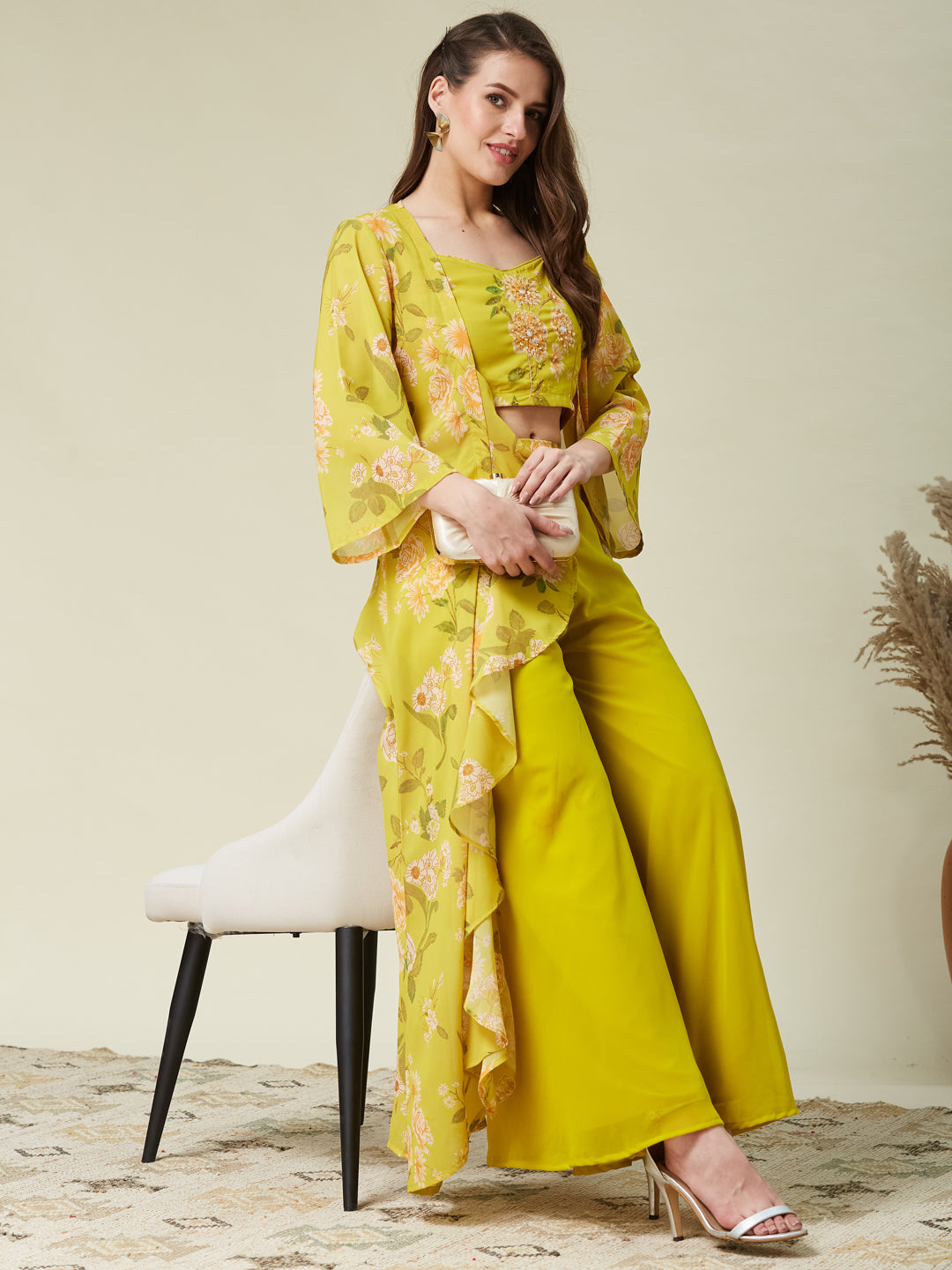 Lime Green Handwork Taby Palazzo & Crop-Top Set with Layered Shrug