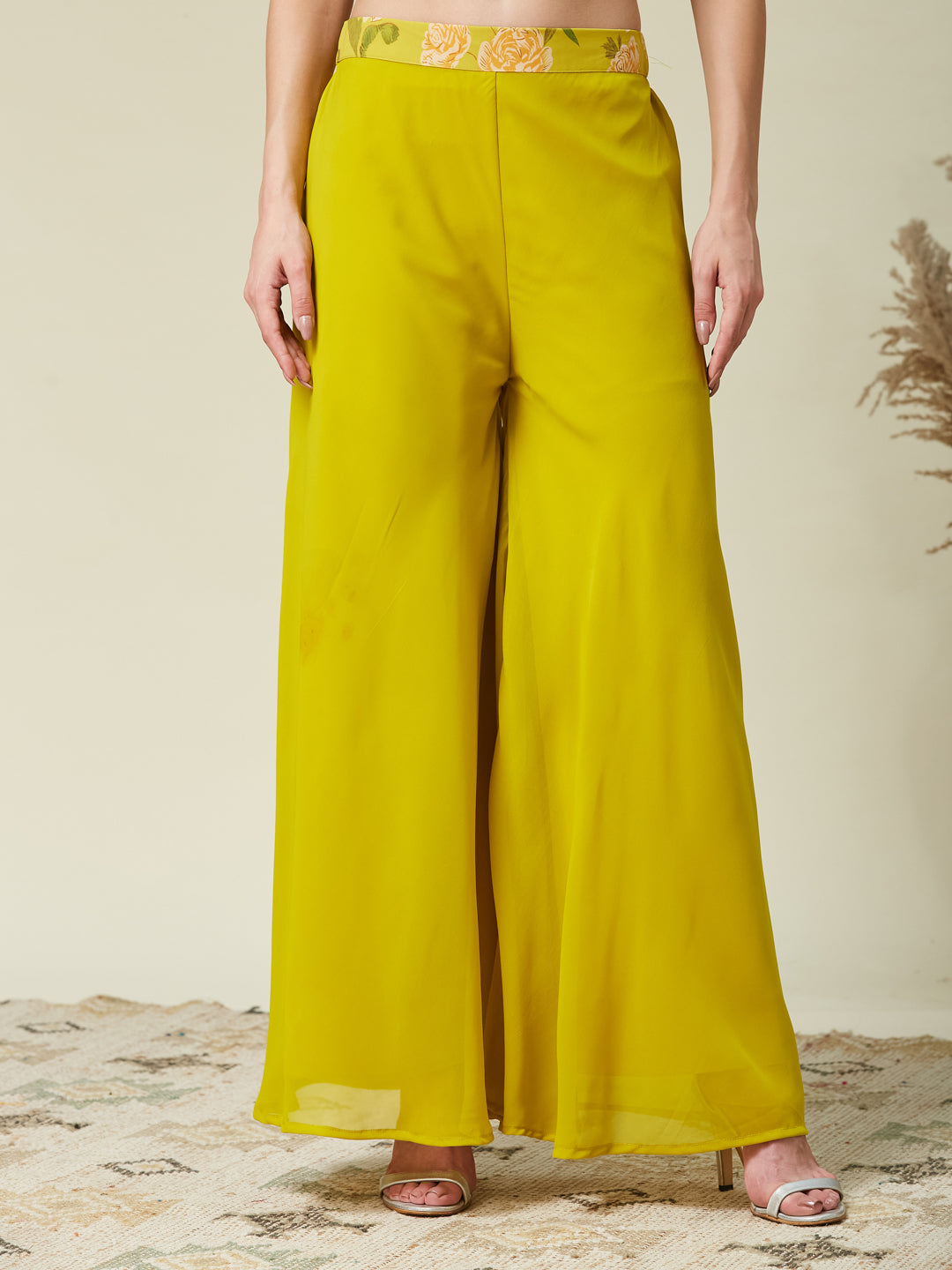 Lime Green Handwork Taby Palazzo & Crop-Top Set with Layered Shrug