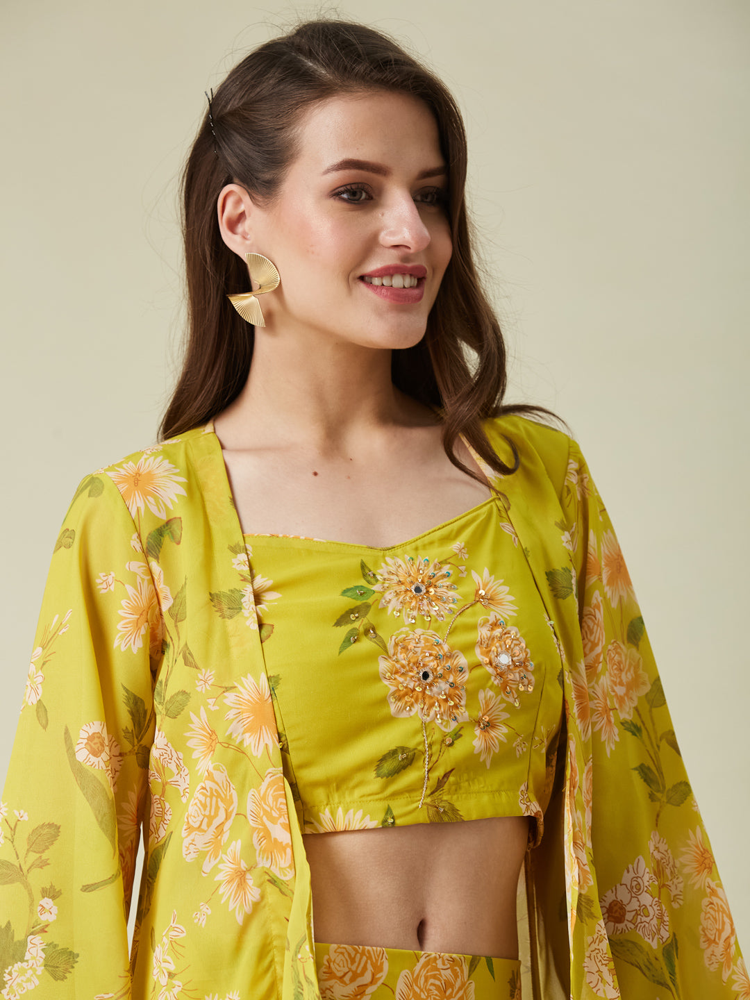 Lime Green Handwork Taby Palazzo & Crop-Top Set with Layered Shrug
