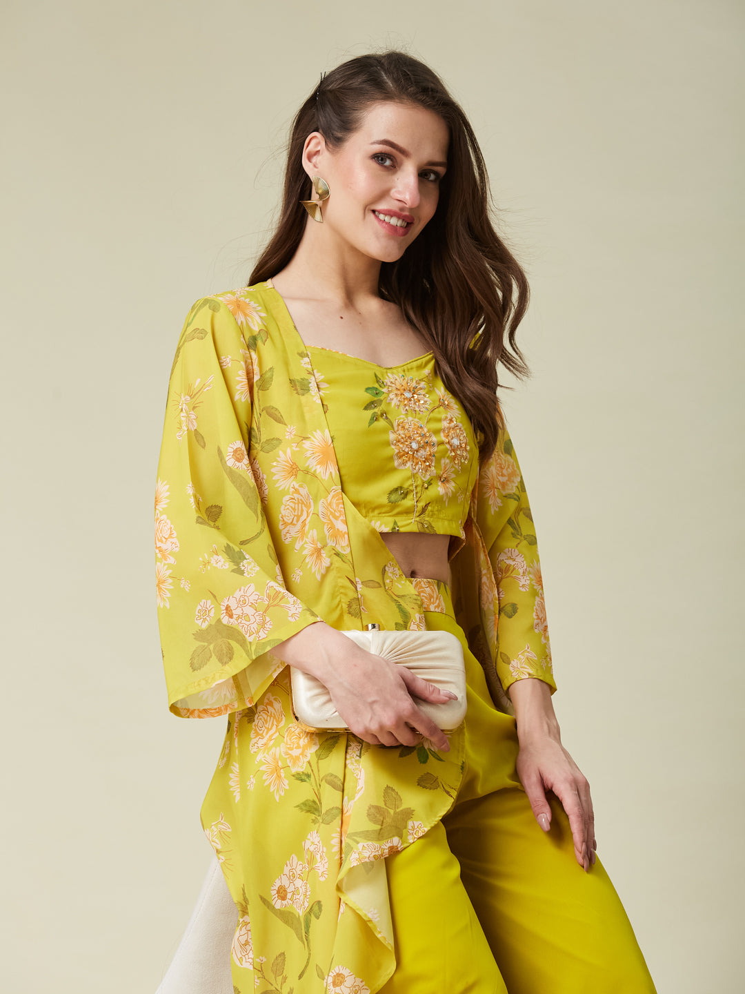 Lime Green Handwork Taby Palazzo & Crop-Top Set with Layered Shrug