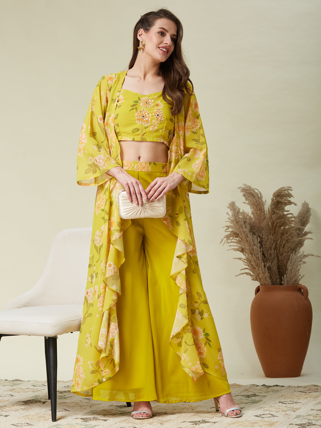 Lime Green Handwork Taby Palazzo & Crop-Top Set with Layered Shrug