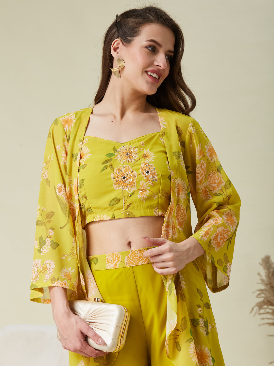 Lime Green Handwork Taby Palazzo & Crop-Top Set with Layered Shrug