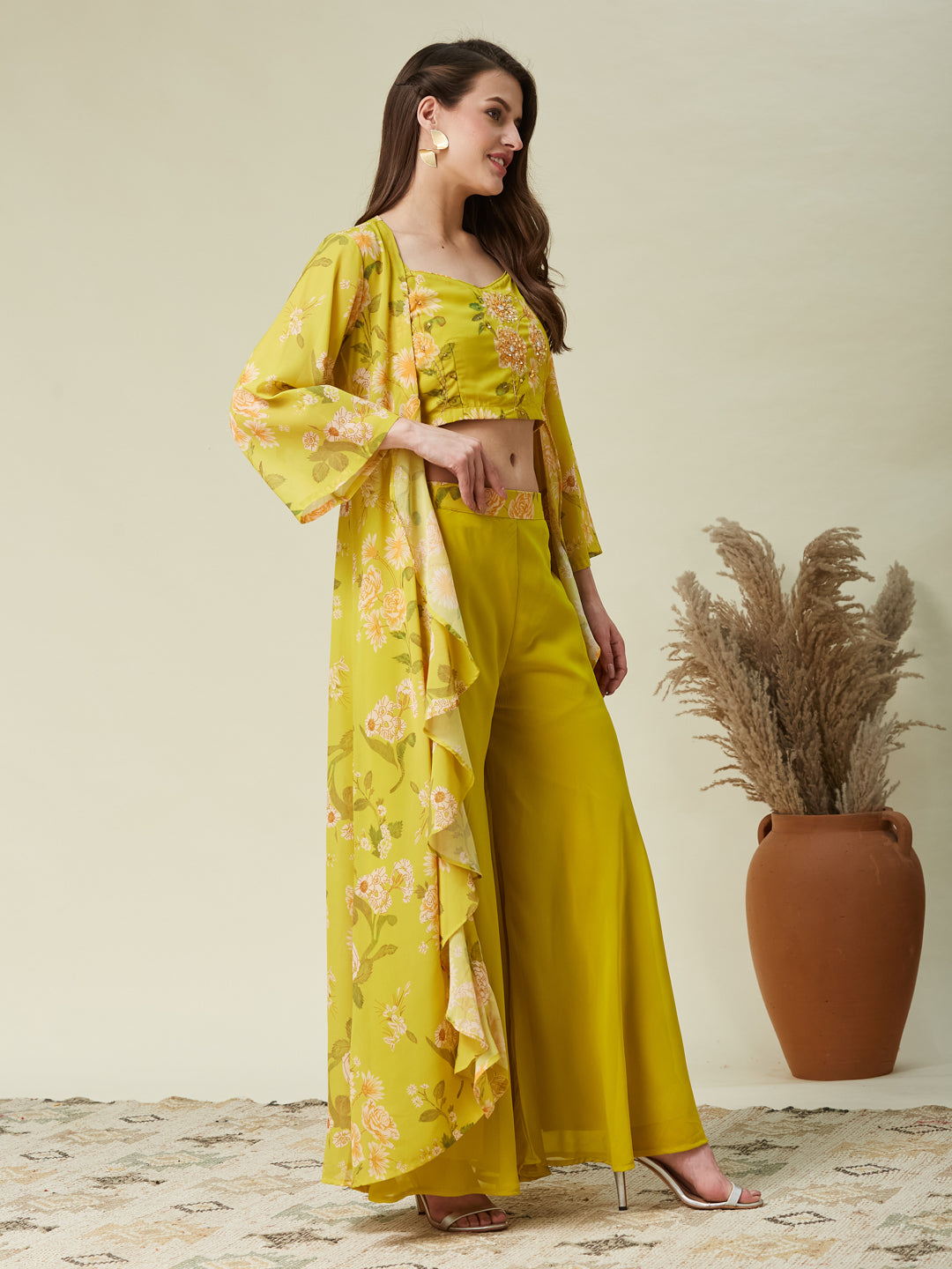 Lime Green Handwork Taby Palazzo & Crop-Top Set with Layered Shrug