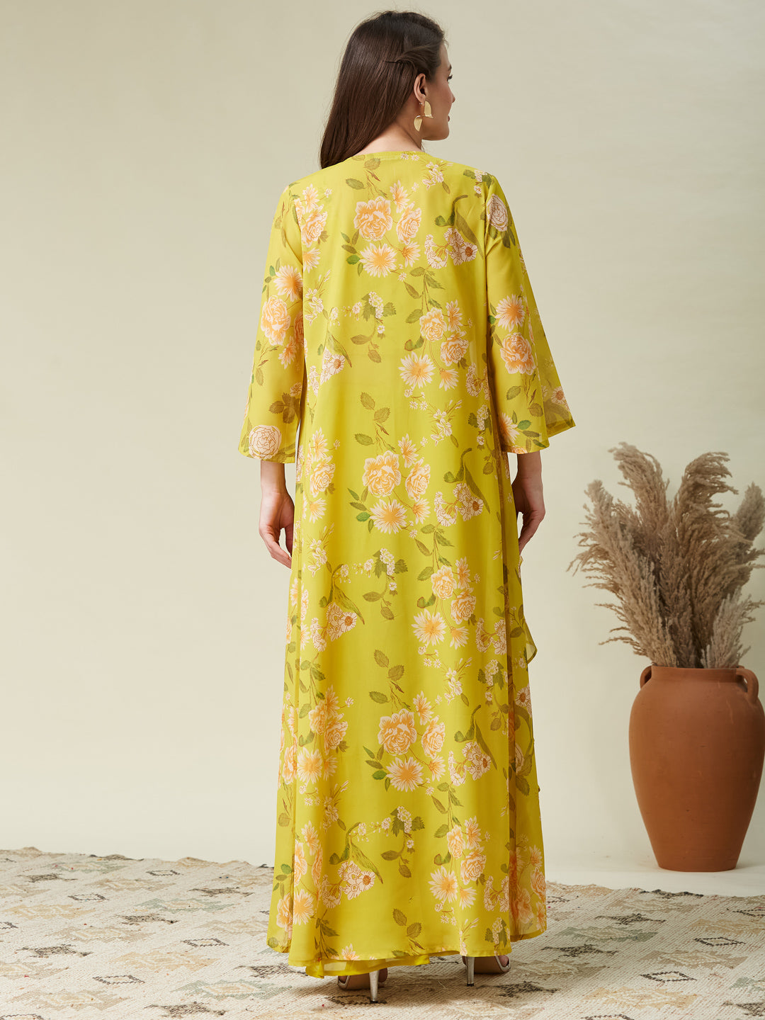Lime Green Handwork Taby Palazzo & Crop-Top Set with Layered Shrug