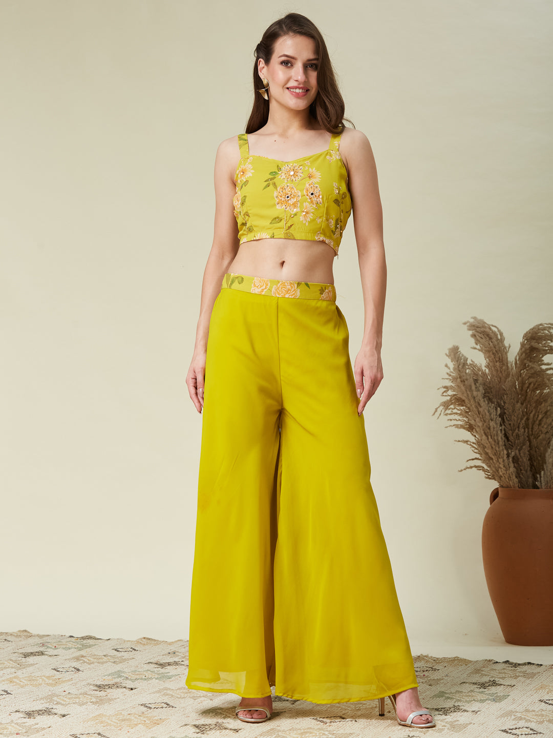 Lime Green Handwork Taby Palazzo & Crop-Top Set with Layered Shrug