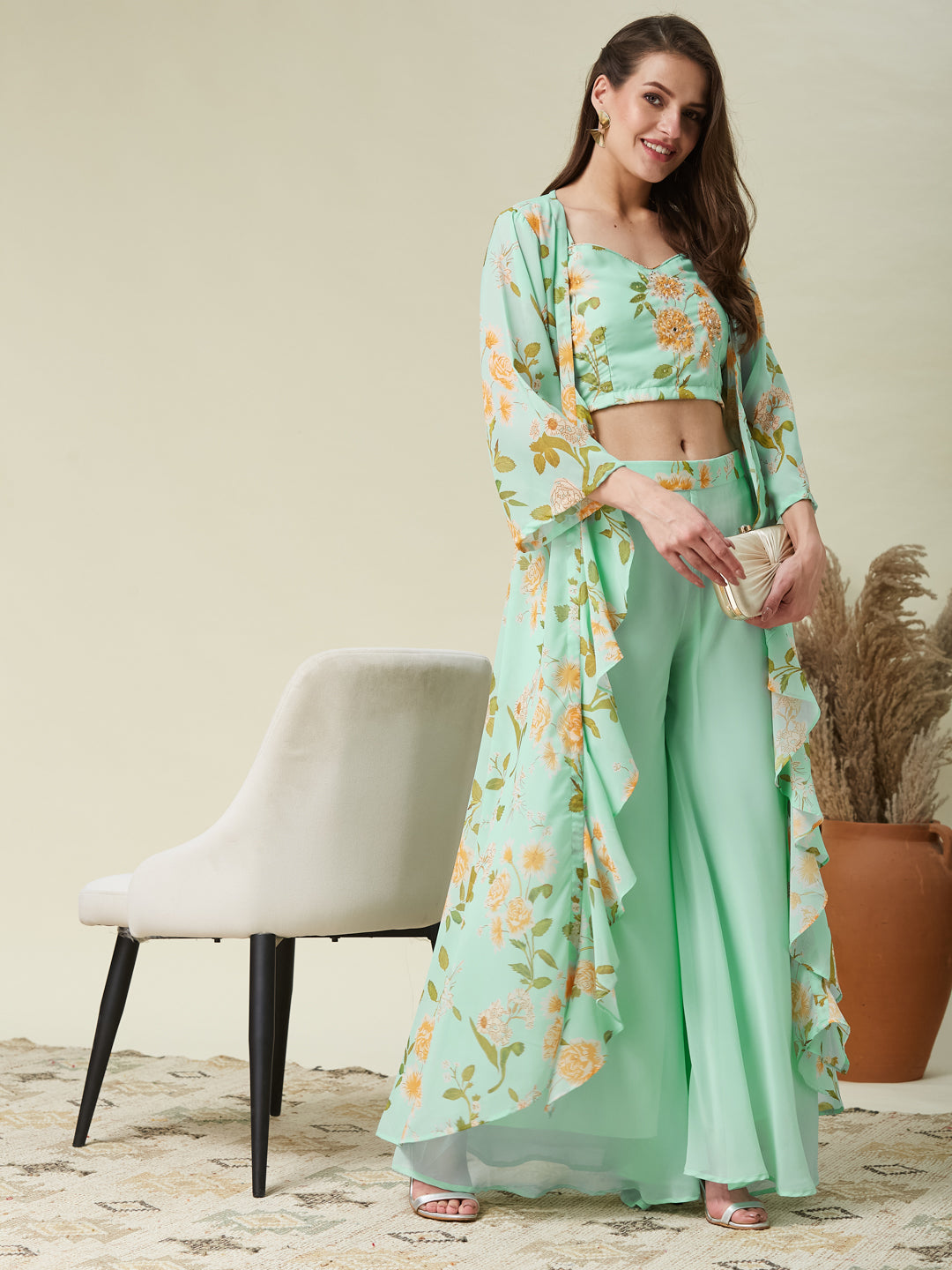 Mint Handwork Taby Palazzo & Crop-Top Set with Layered Shrug