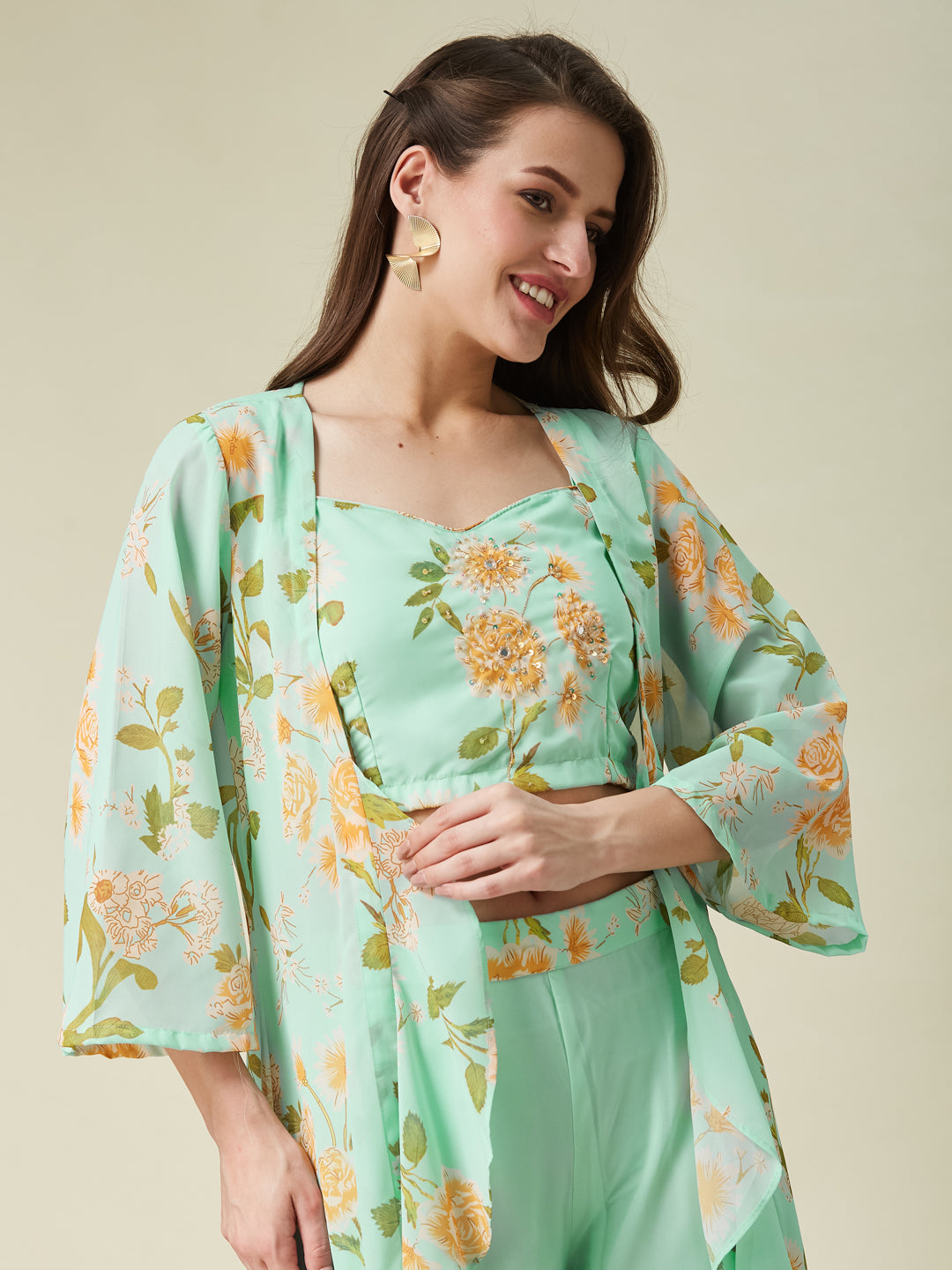 Mint Handwork Taby Palazzo & Crop-Top Set with Layered Shrug
