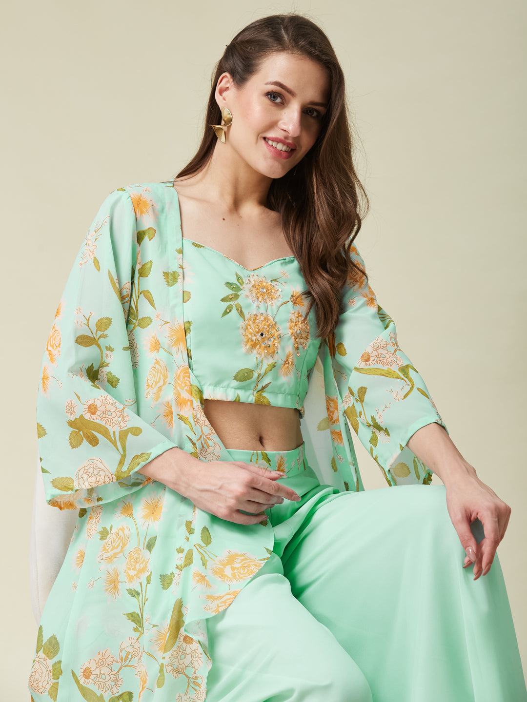 Mint Handwork Taby Palazzo & Crop-Top Set with Layered Shrug