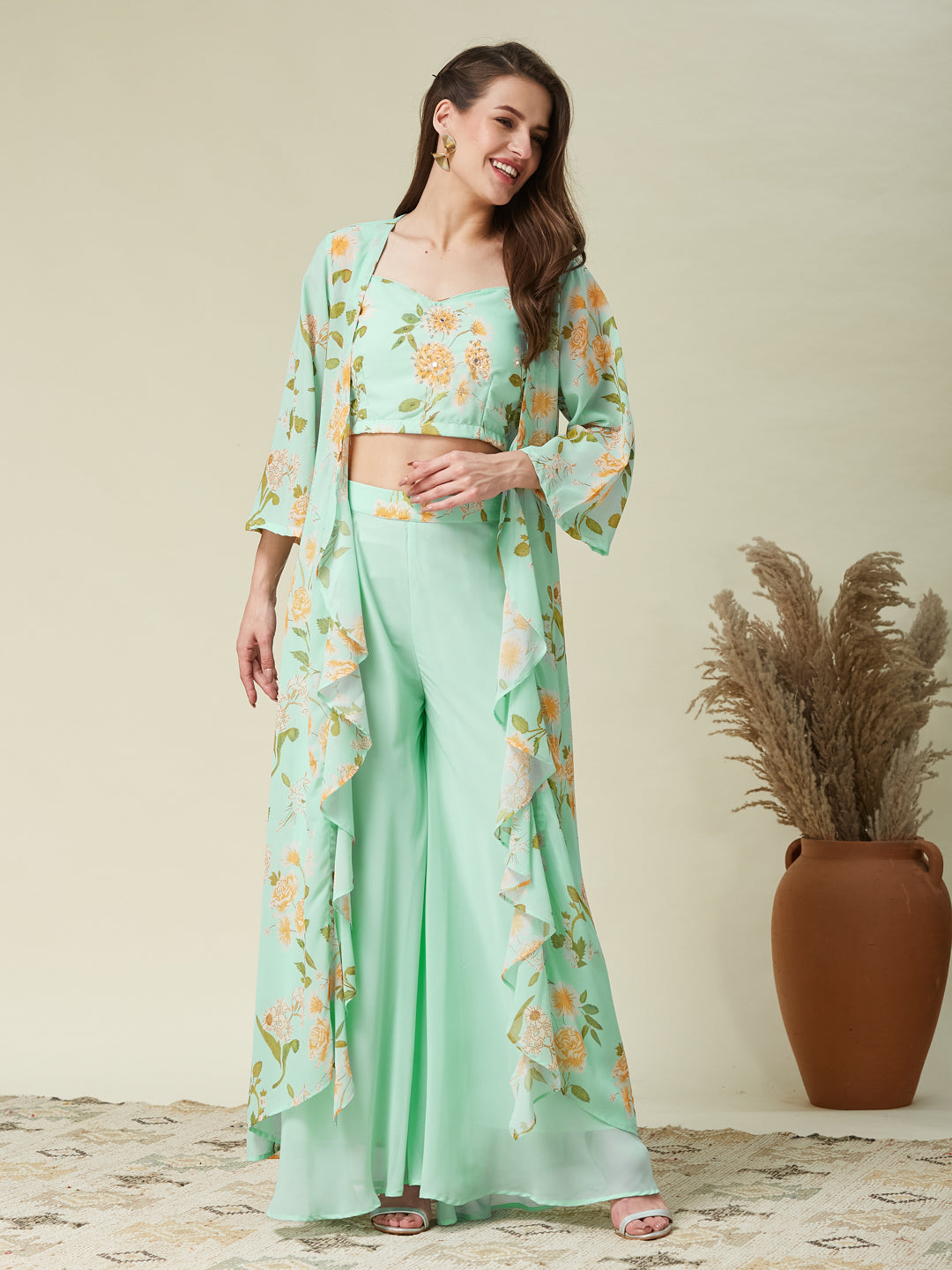 Mint Handwork Taby Palazzo & Crop-Top Set with Layered Shrug