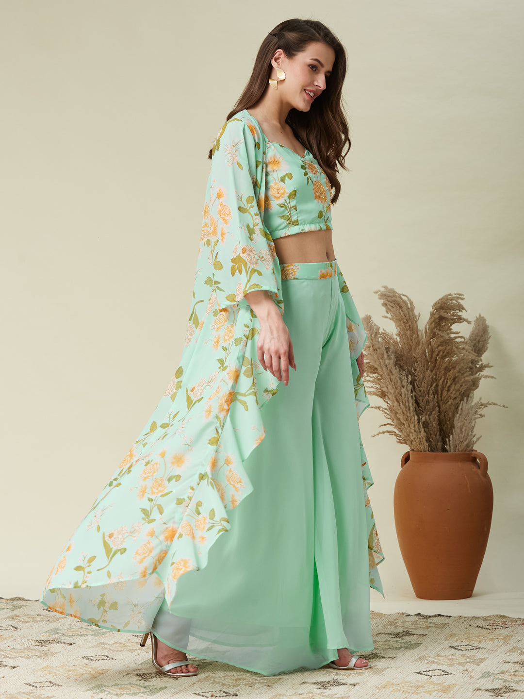 Mint Handwork Taby Palazzo & Crop-Top Set with Layered Shrug