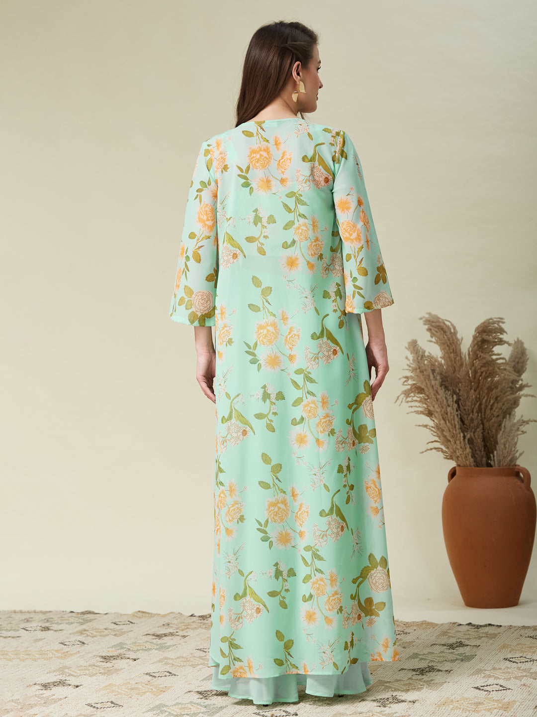 Mint Handwork Taby Palazzo & Crop-Top Set with Layered Shrug