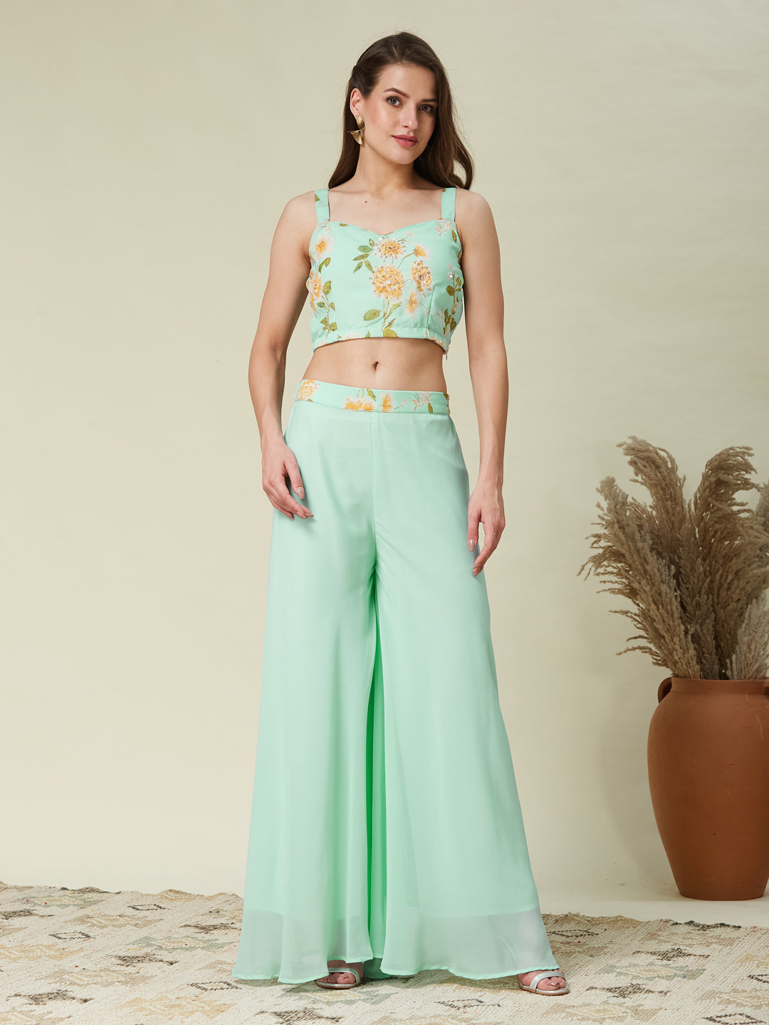Mint Handwork Taby Palazzo & Crop-Top Set with Layered Shrug