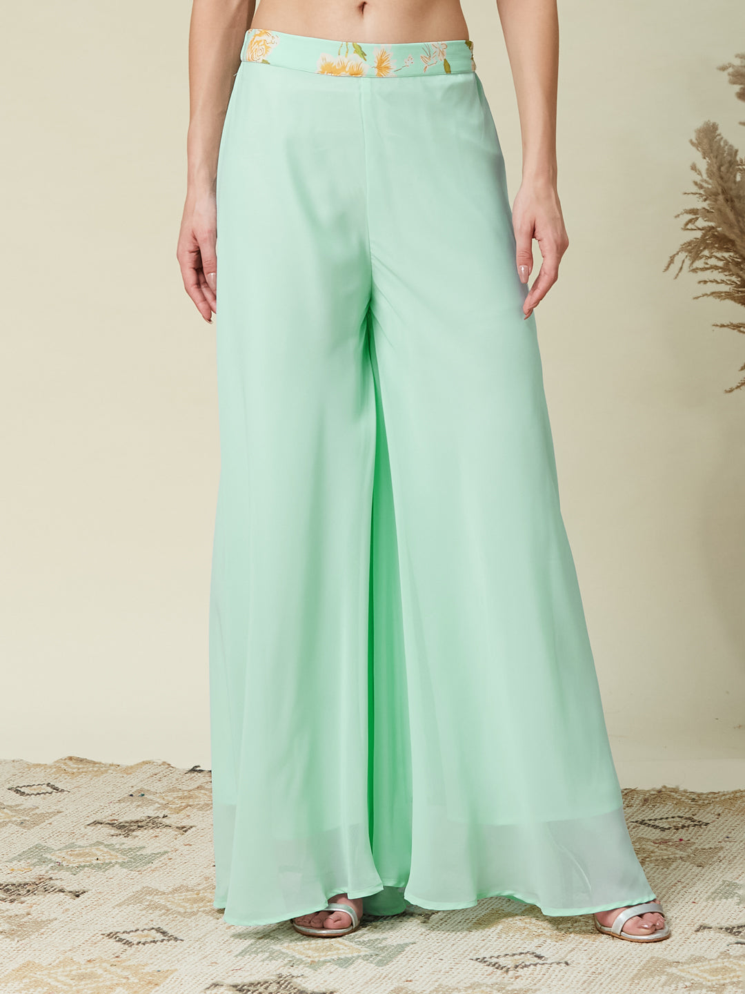 Mint Handwork Taby Palazzo & Crop-Top Set with Layered Shrug