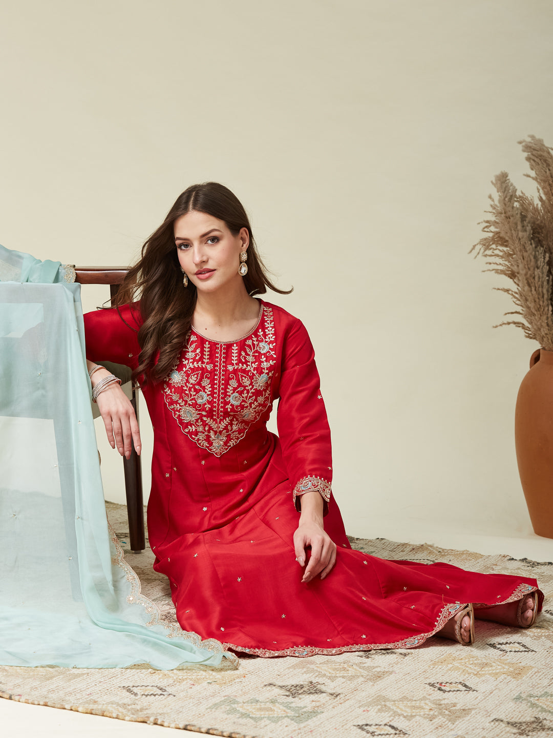Red Embroidered Anarkali Kurta With Dupatta Set