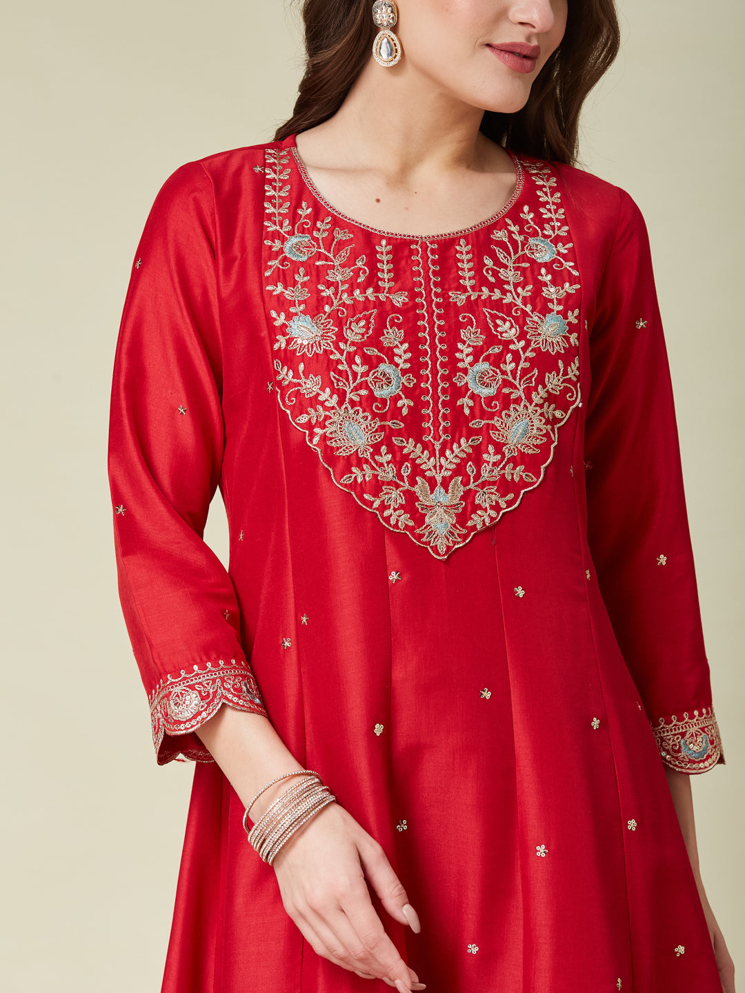 Red Embroidered Anarkali Kurta With Dupatta Set
