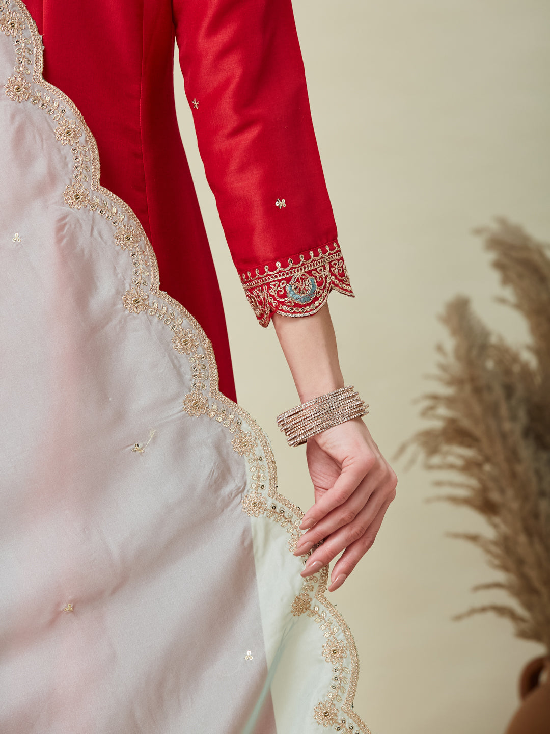 Red Embroidered Anarkali Kurta With Dupatta Set