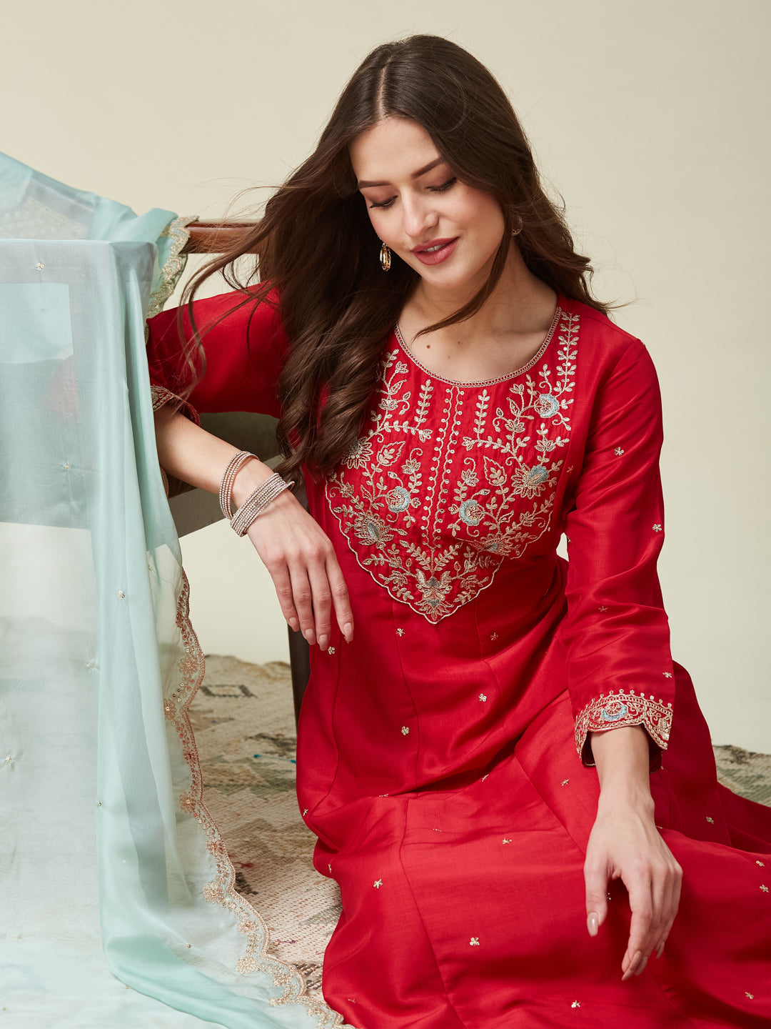 Red Embroidered Anarkali Kurta With Dupatta Set