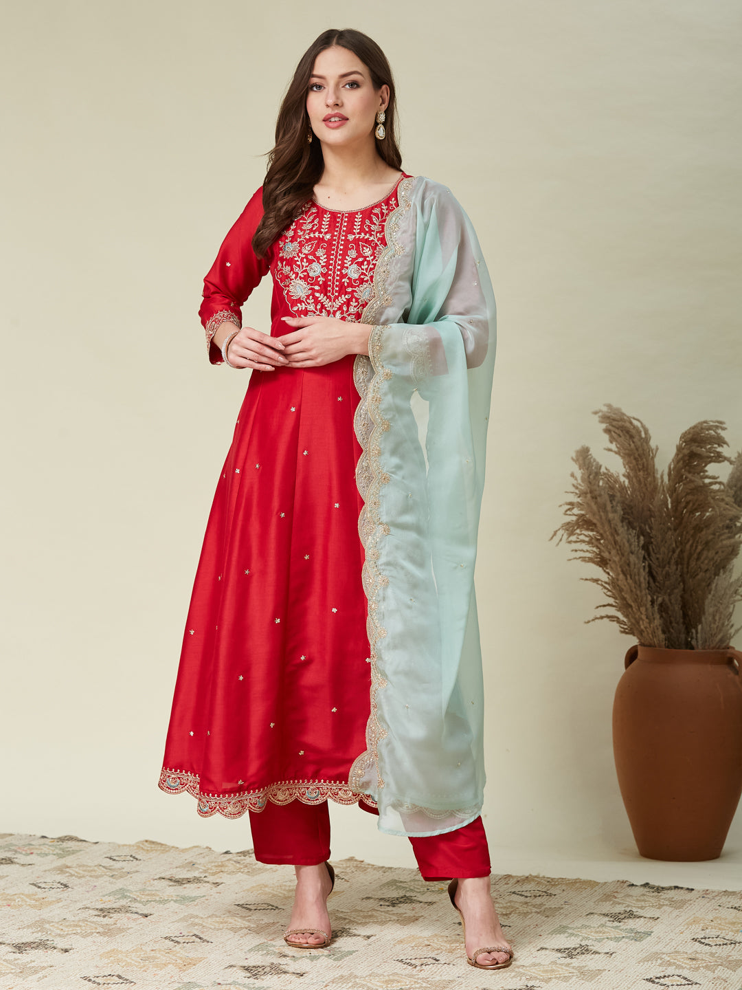 Red Embroidered Anarkali Kurta With Dupatta Set