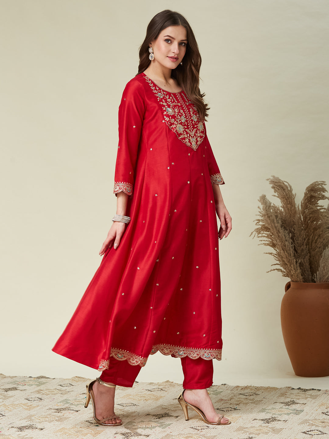 Red Embroidered Anarkali Kurta With Dupatta Set
