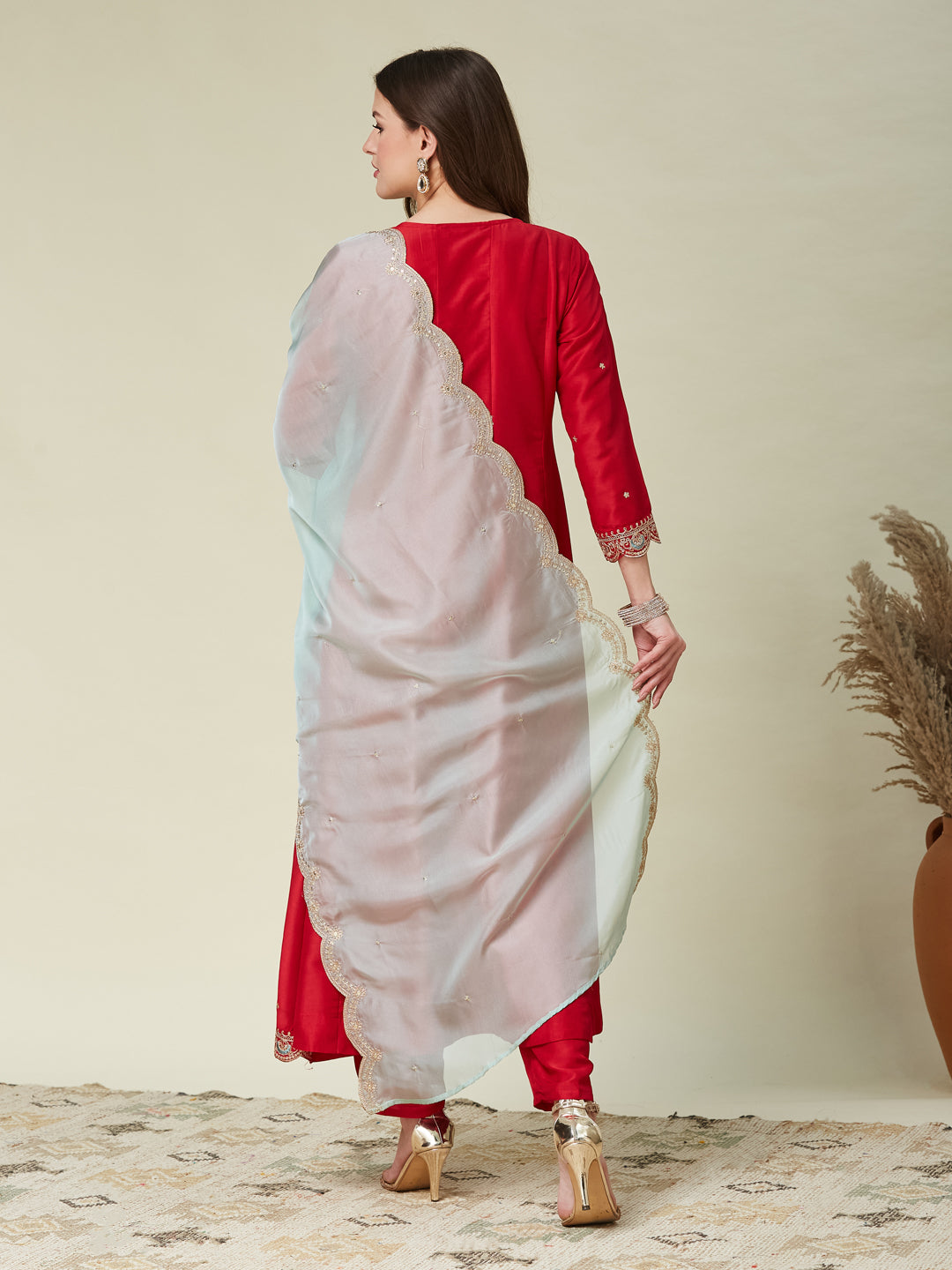 Red Embroidered Anarkali Kurta With Dupatta Set