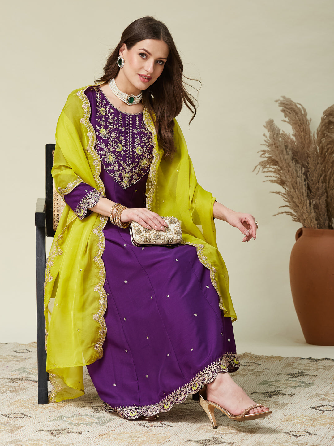 Purple Embroidered Anarkali Kurta With Dupatta Set