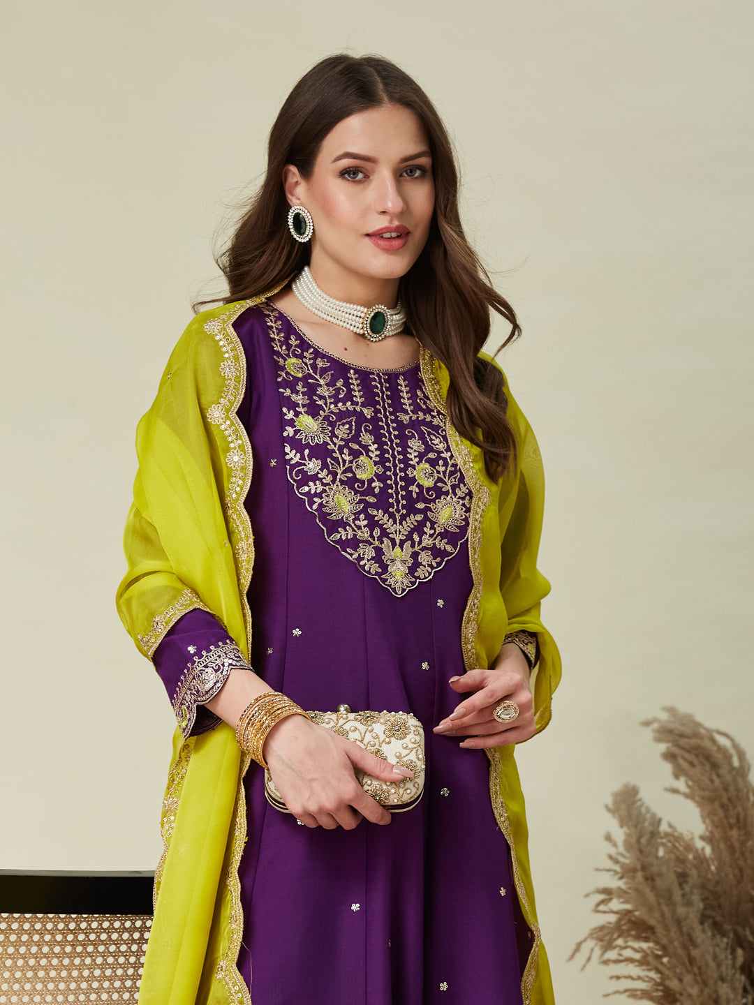 Purple Embroidered Anarkali Kurta With Dupatta Set