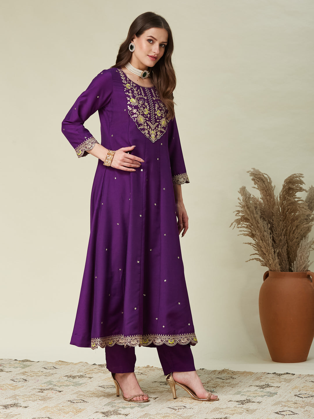 Purple Embroidered Anarkali Kurta With Dupatta Set