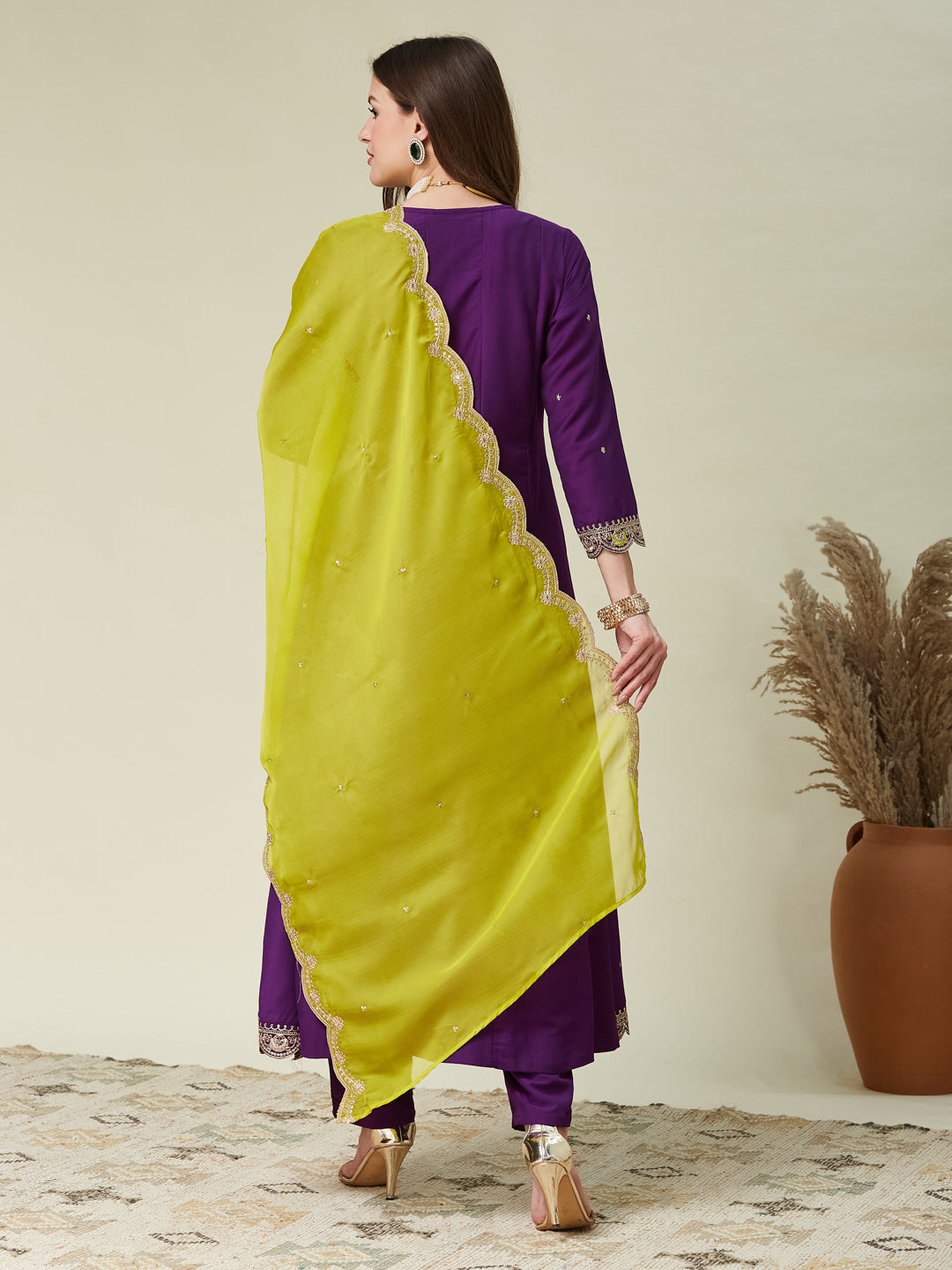 Purple Embroidered Anarkali Kurta With Dupatta Set