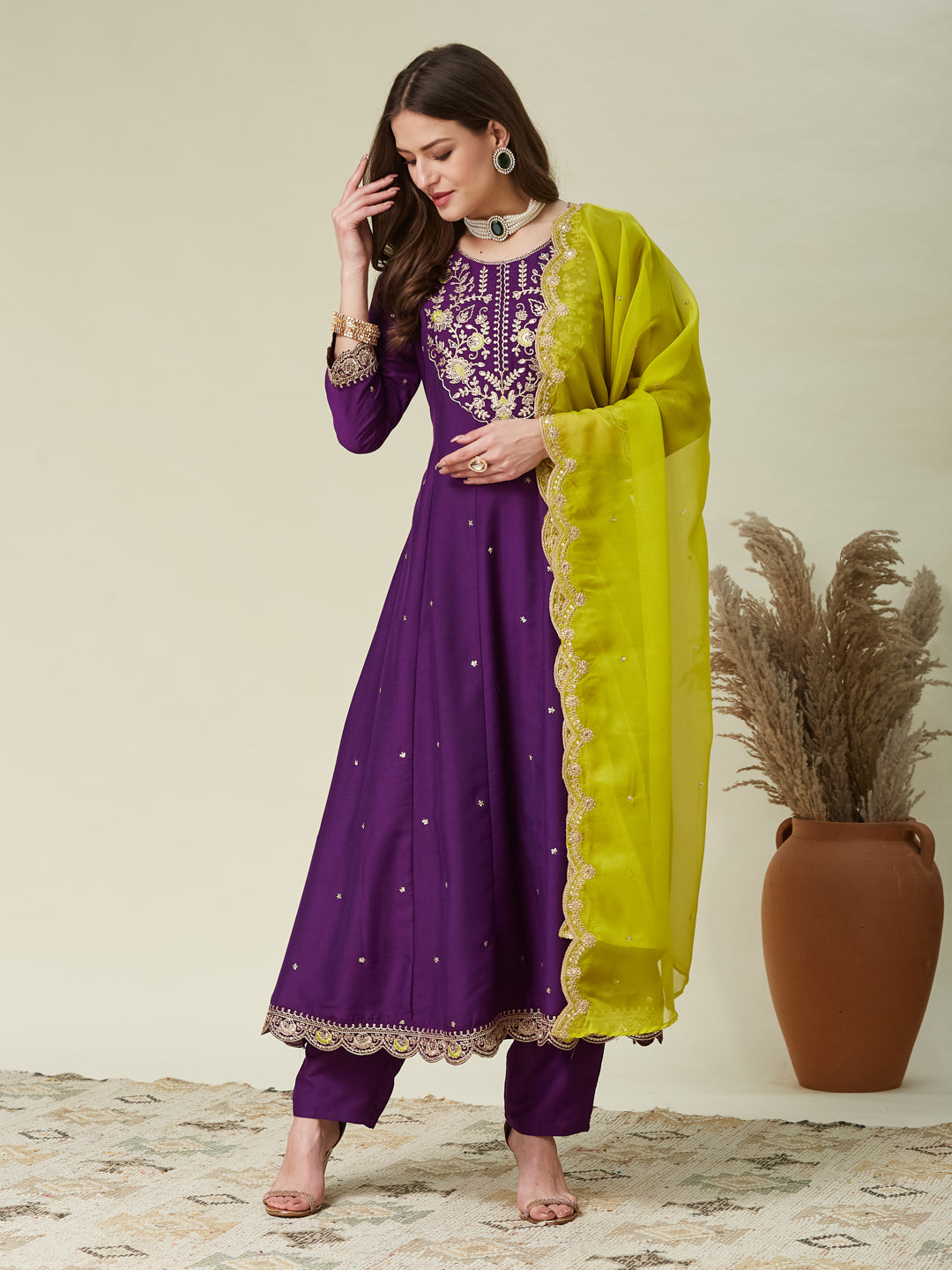 Purple Embroidered Anarkali Kurta With Dupatta Set