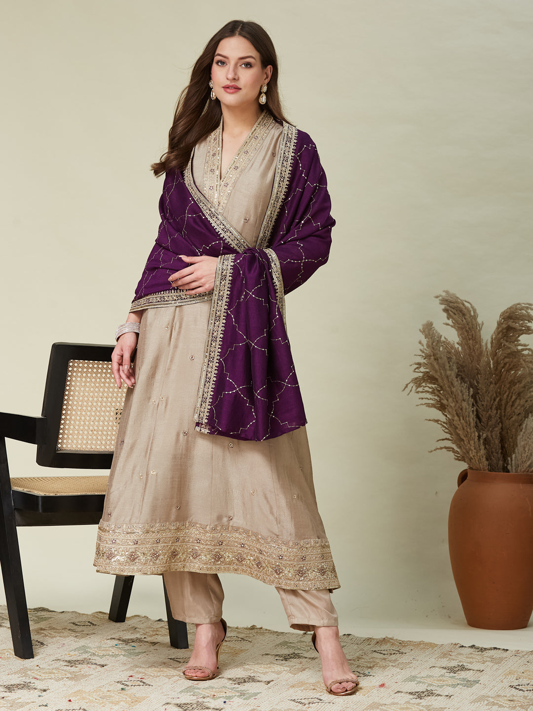 Grey Embroidered Silk Anarkali Kurta With Purple Dupatta Set | solder side dupatta full iamge
