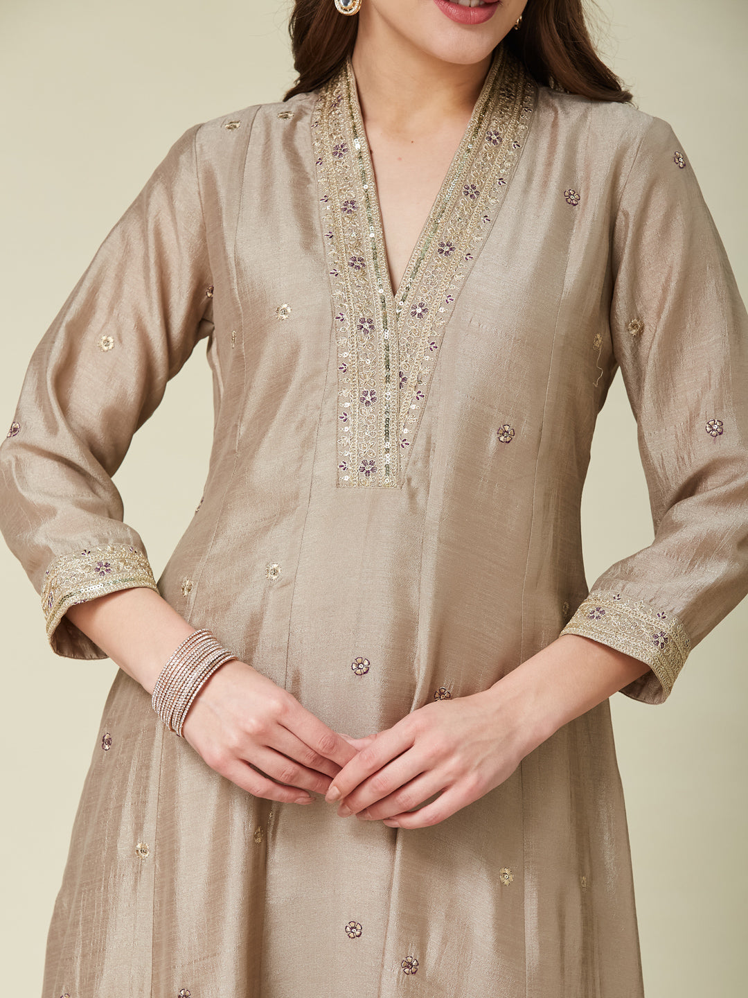 Grey Embroidered Silk Anarkali Kurta With Purple Dupatta Set | upper side half image