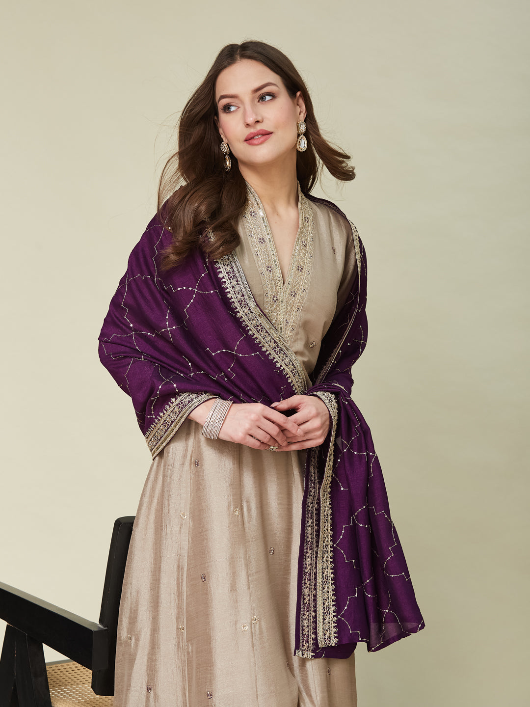 Grey Embroidered Silk Anarkali Kurta With Purple Dupatta Set | solder side dupatta image