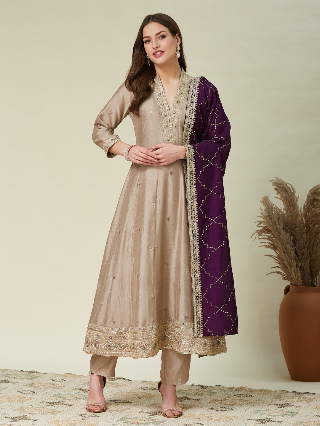 Grey Embroidered Silk Anarkali Kurta With Purple Dupatta Set | right side dupatta image