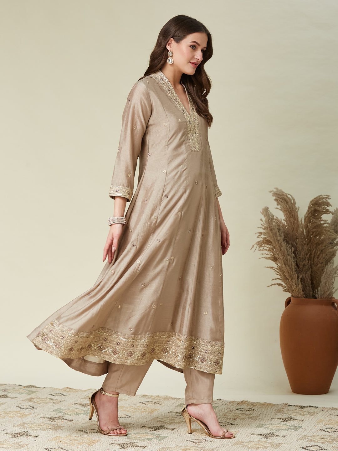 Grey Embroidered Silk Anarkali Kurta With Purple Dupatta Set | left side full image