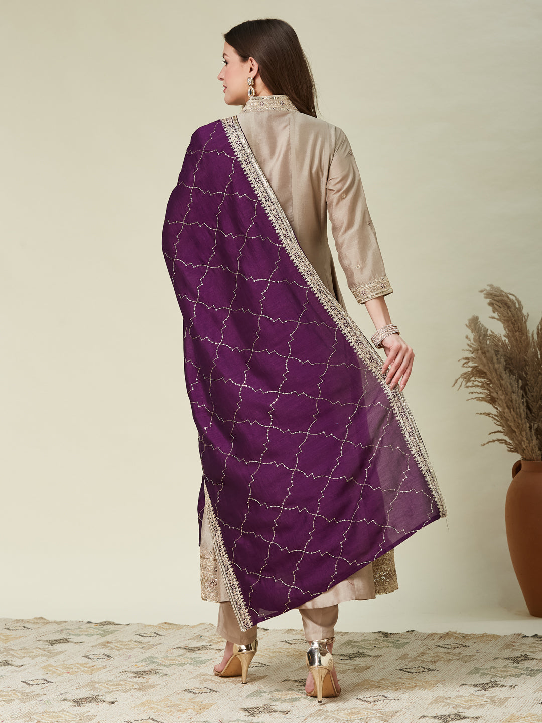 Grey Embroidered Silk Anarkali Kurta With Purple Dupatta Set | back side full image