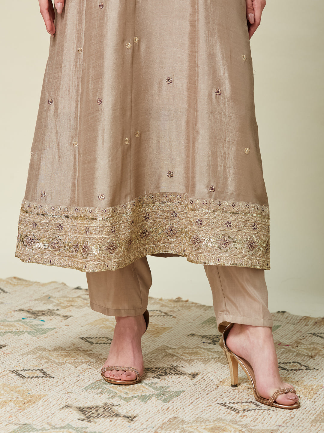 Grey Embroidered Silk Anarkali Kurta With Purple Dupatta Set | Lower side image