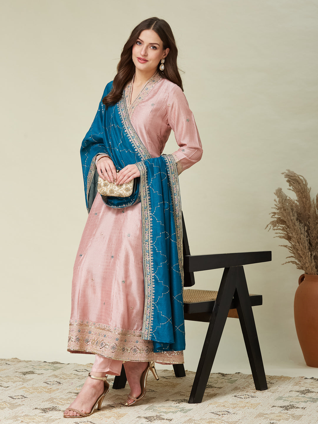 Pink Embroidered Silk Anarkali Kurta With Dupatta Set
