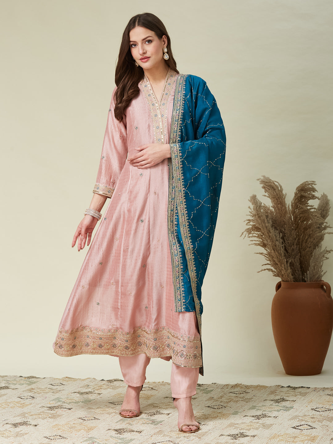 Pink Embroidered Silk Anarkali Kurta With Dupatta Set