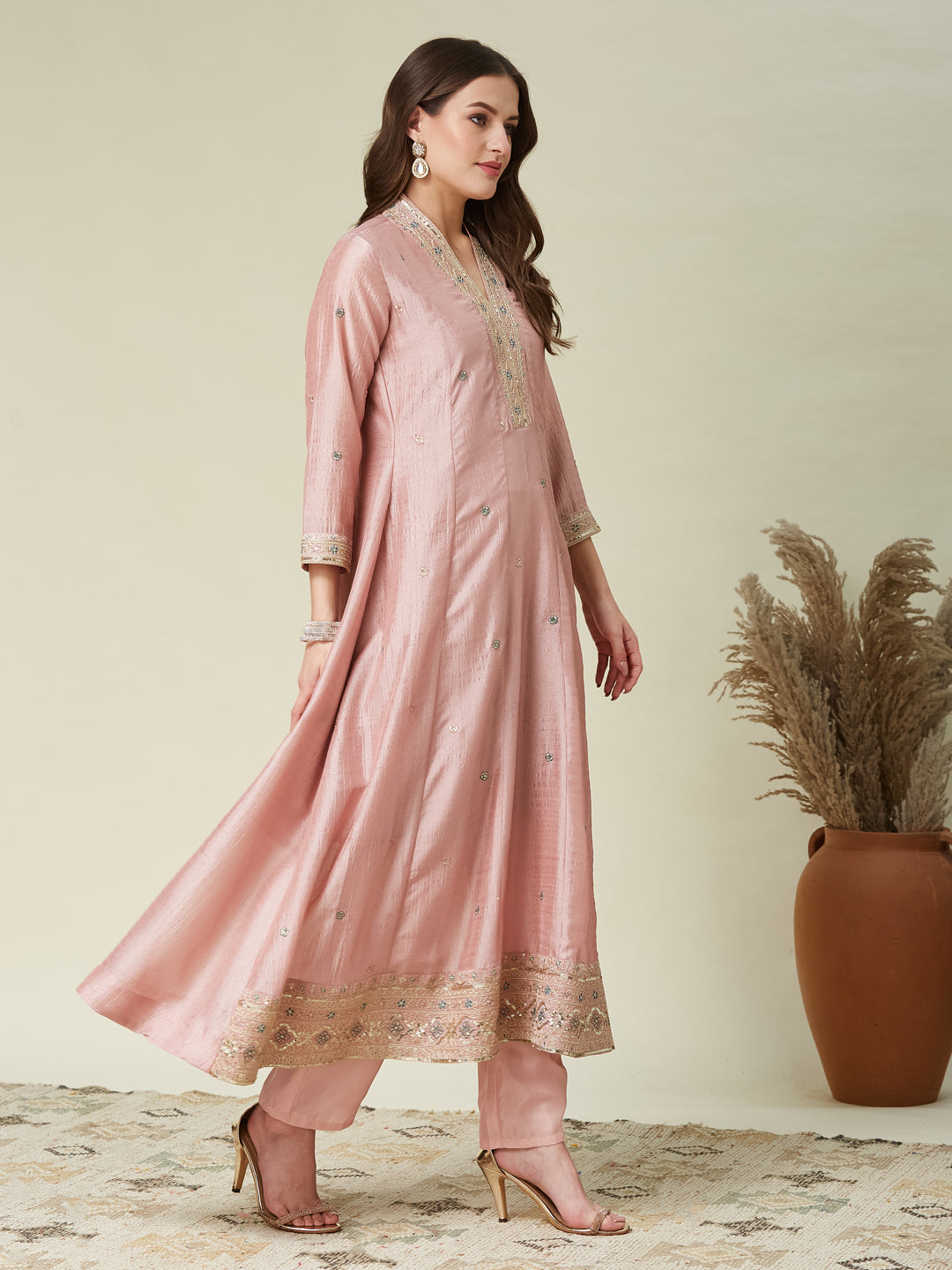 Pink Embroidered Silk Anarkali Kurta With Dupatta Set