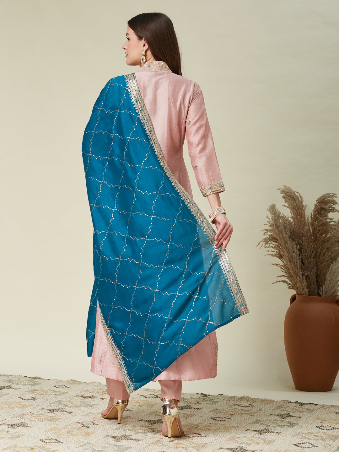 Pink Embroidered Silk Anarkali Kurta With Dupatta Set