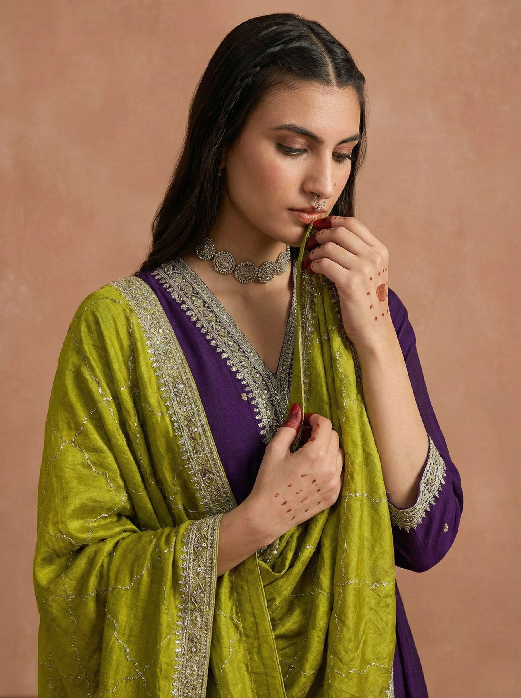 Violet Embroidered Silk Anarkali Kurta With Dupatta Set
