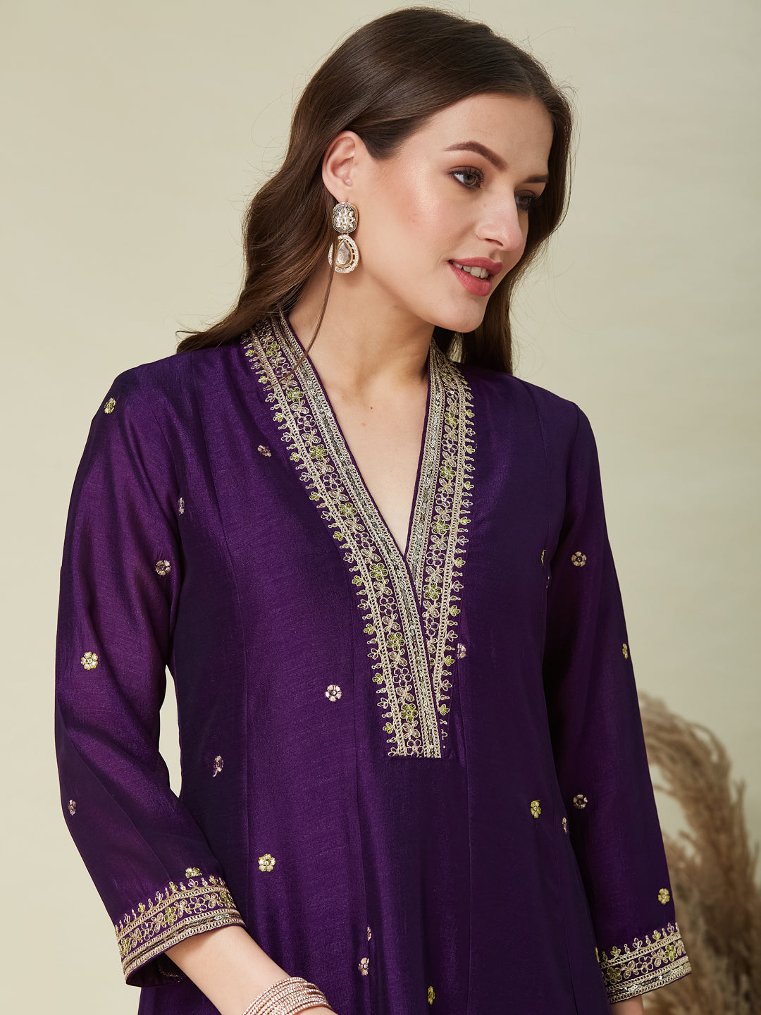 Violet Embroidered Silk Anarkali Kurta With Dupatta Set