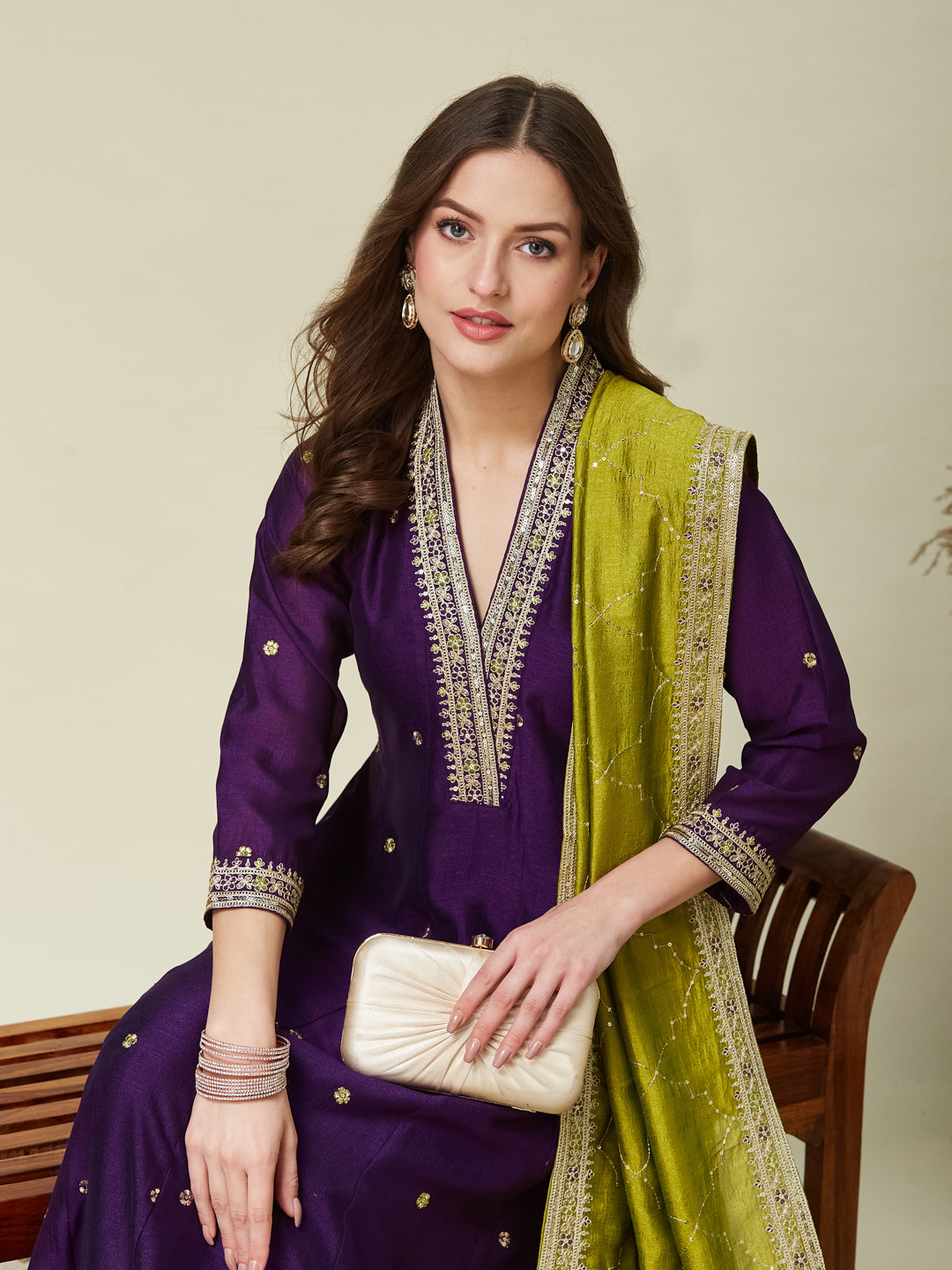 Violet Embroidered Silk Anarkali Kurta With Dupatta Set | left hand dupatta image