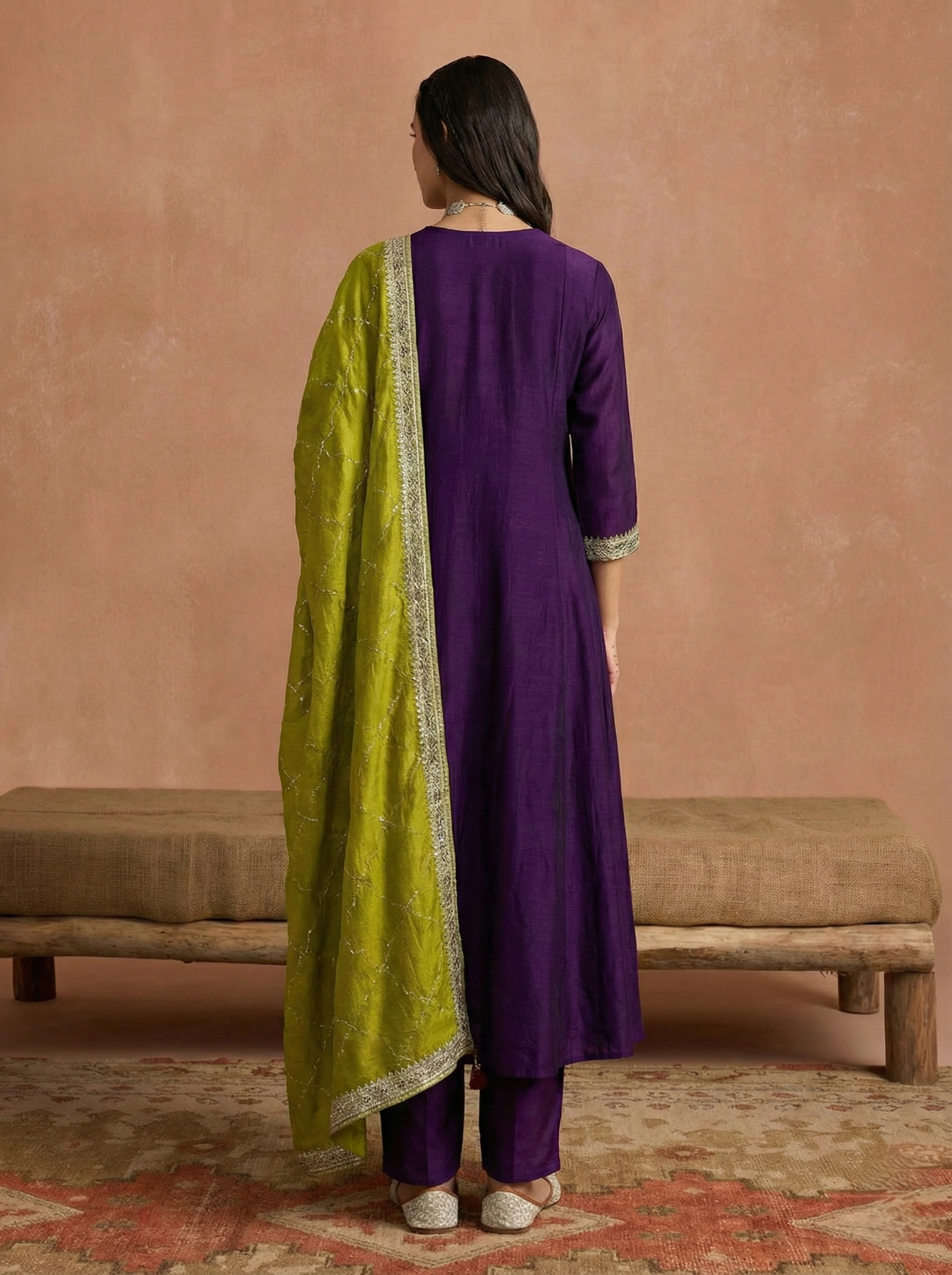 Violet Embroidered Silk Anarkali Kurta With Dupatta Set