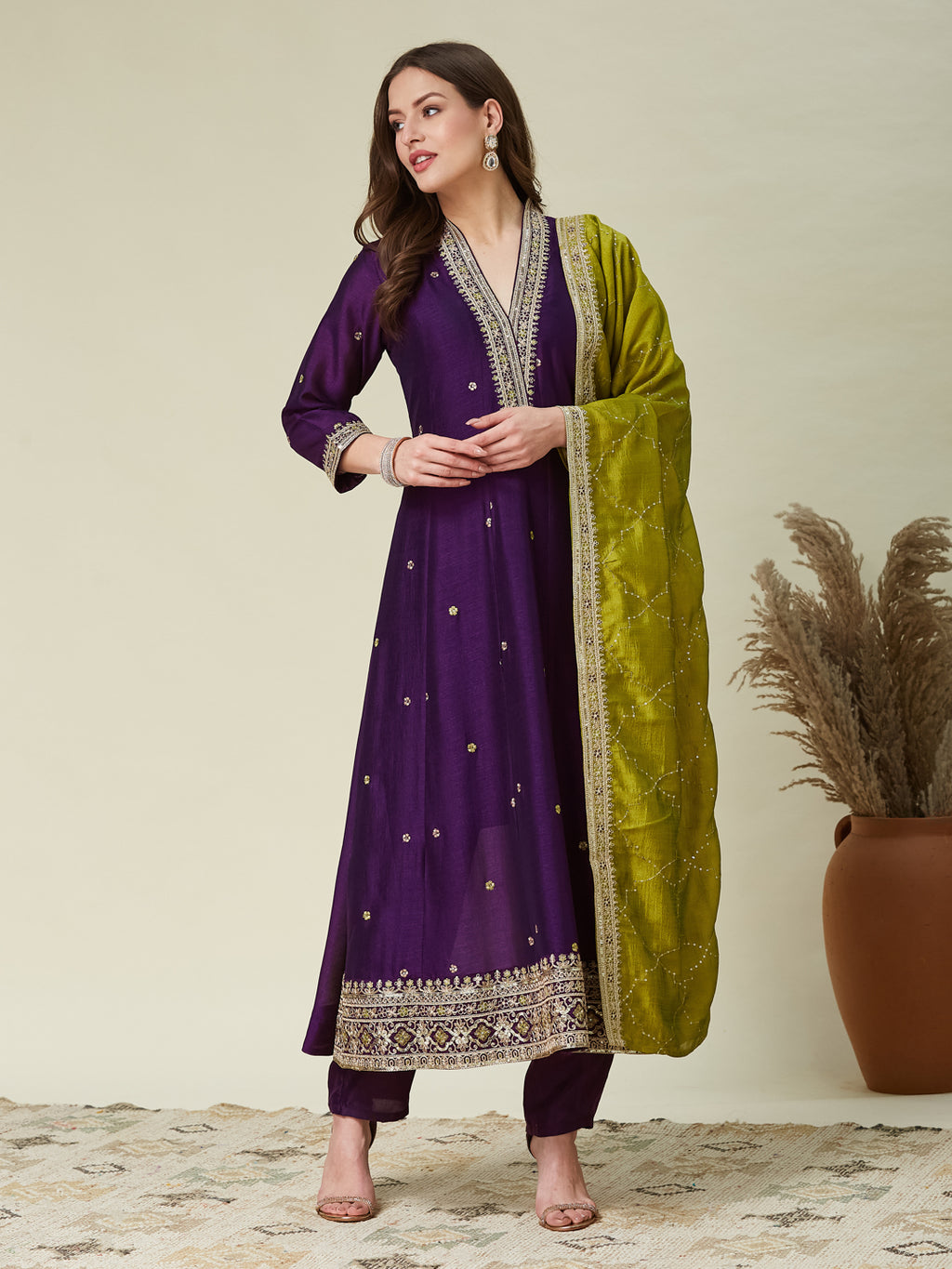 Purple Embroidered Velvet Anarkali Kurta With Trousers & Dupatta